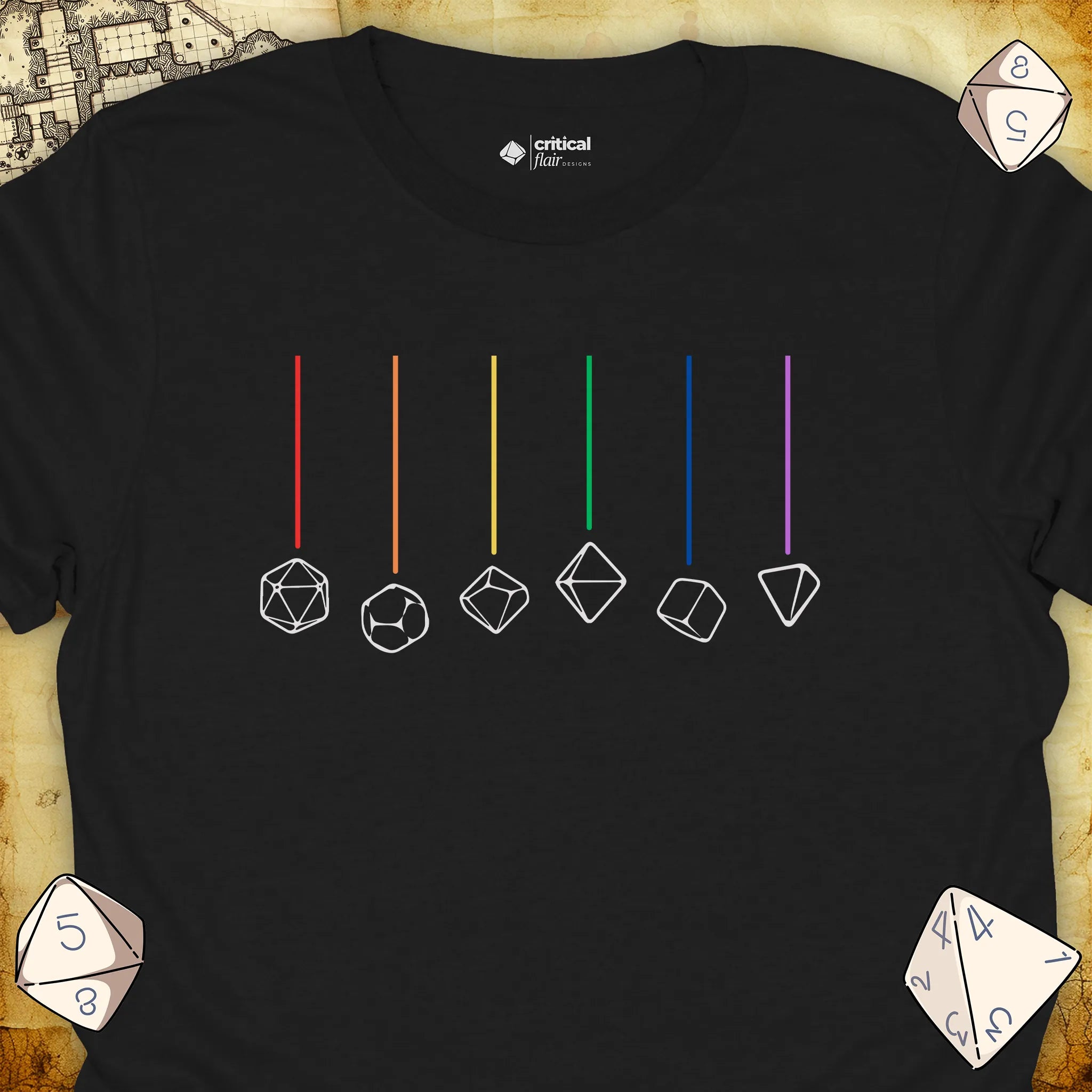 Critical Flair Rainbow Dice T-Shirt Black / S - Dungeons and Dragons and tabletop RPG gaming apparel