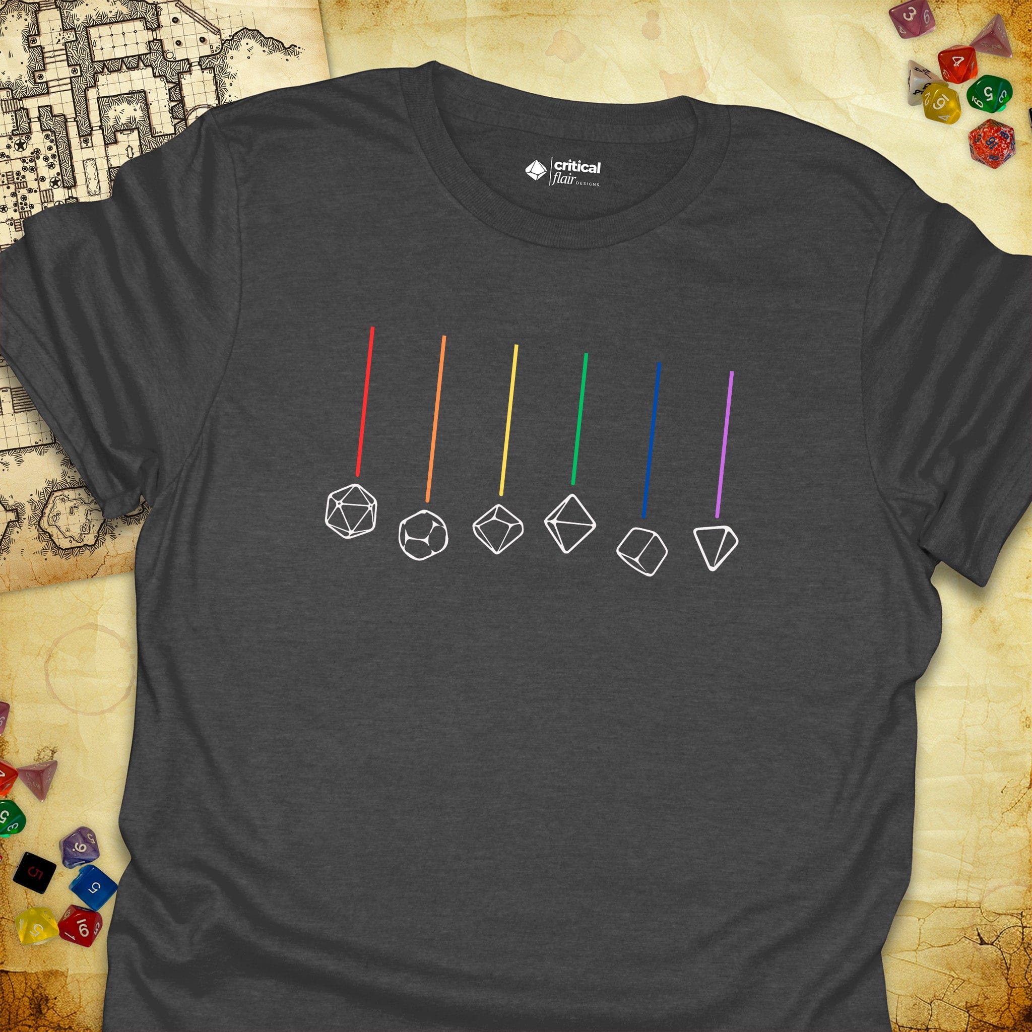 Critical Flair Rainbow Dice T-Shirt Dark Heather / S - Dungeons and Dragons and tabletop RPG gaming apparel