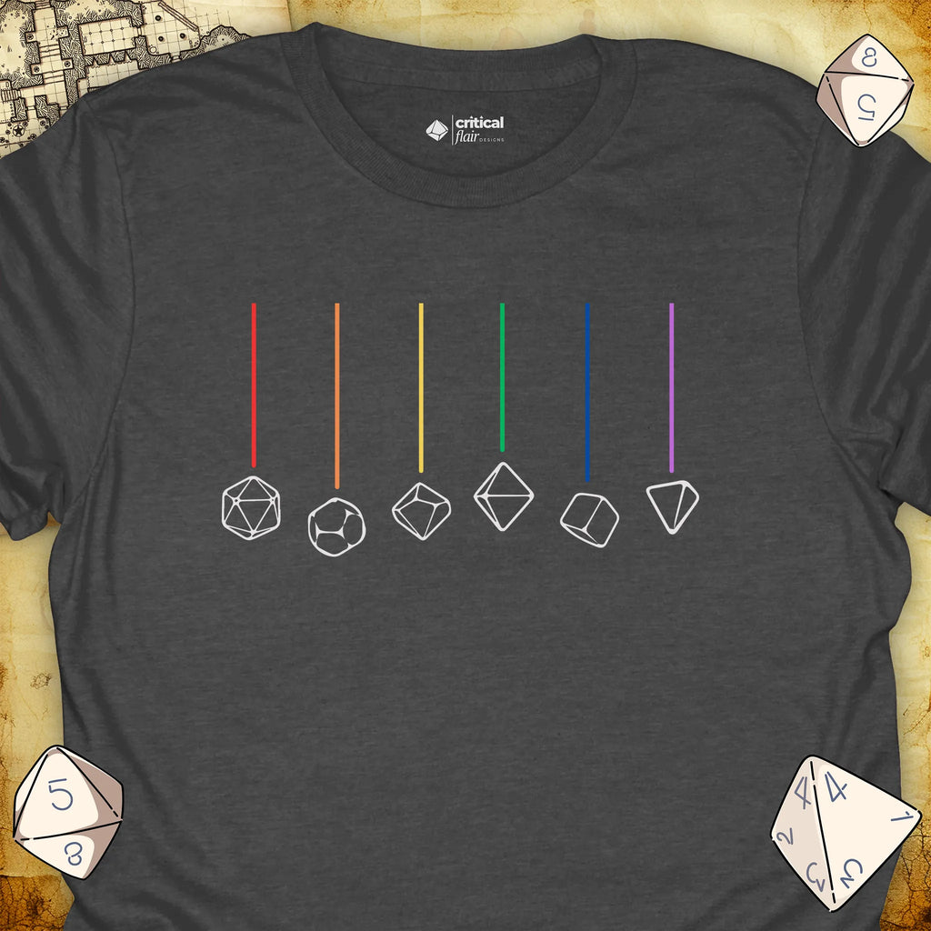 Critical Flair Rainbow Dice T-Shirt Dark Heather / S - Dungeons and Dragons and tabletop RPG gaming apparel