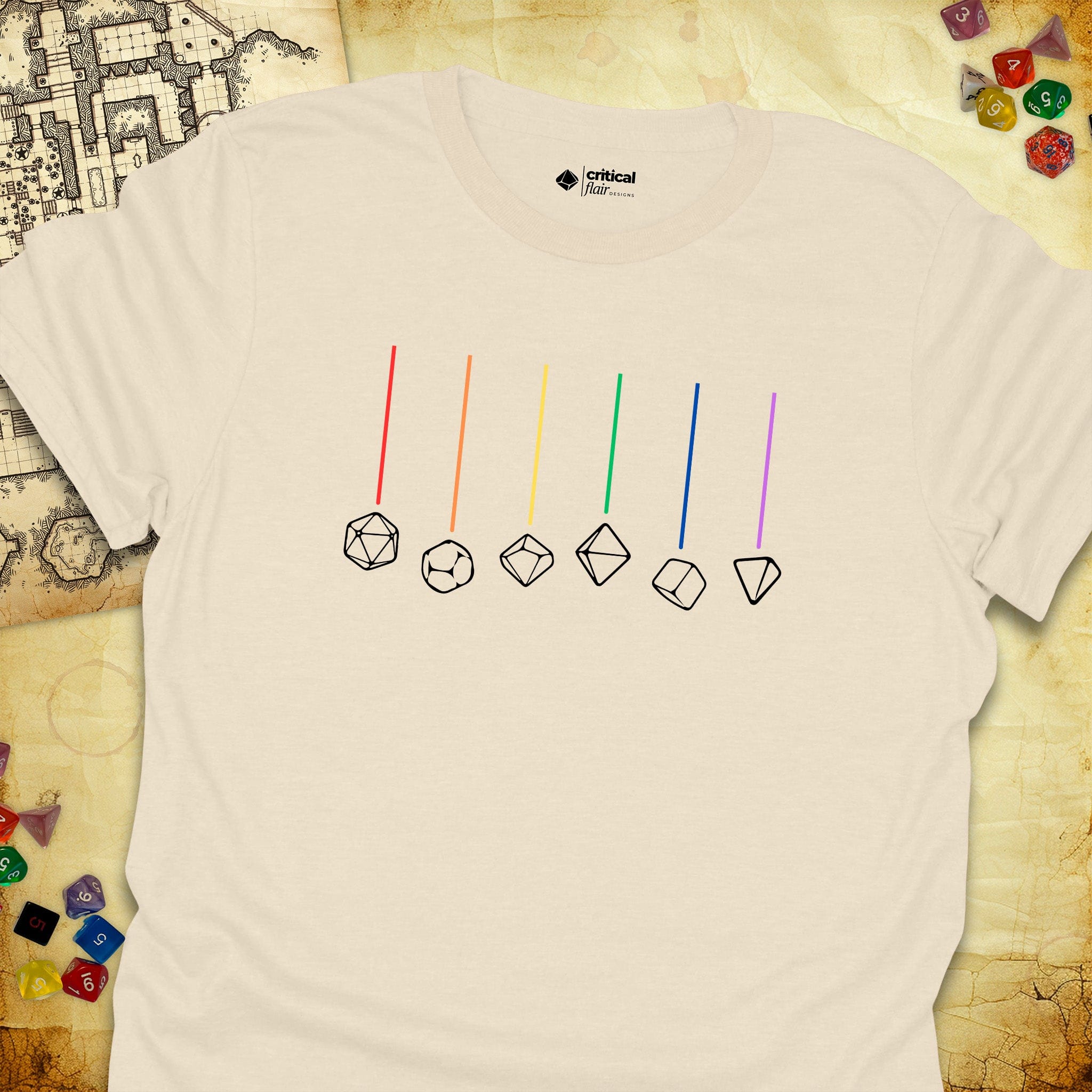 Critical Flair Rainbow Dice T-Shirt Natural / S - Dungeons and Dragons and tabletop RPG gaming apparel