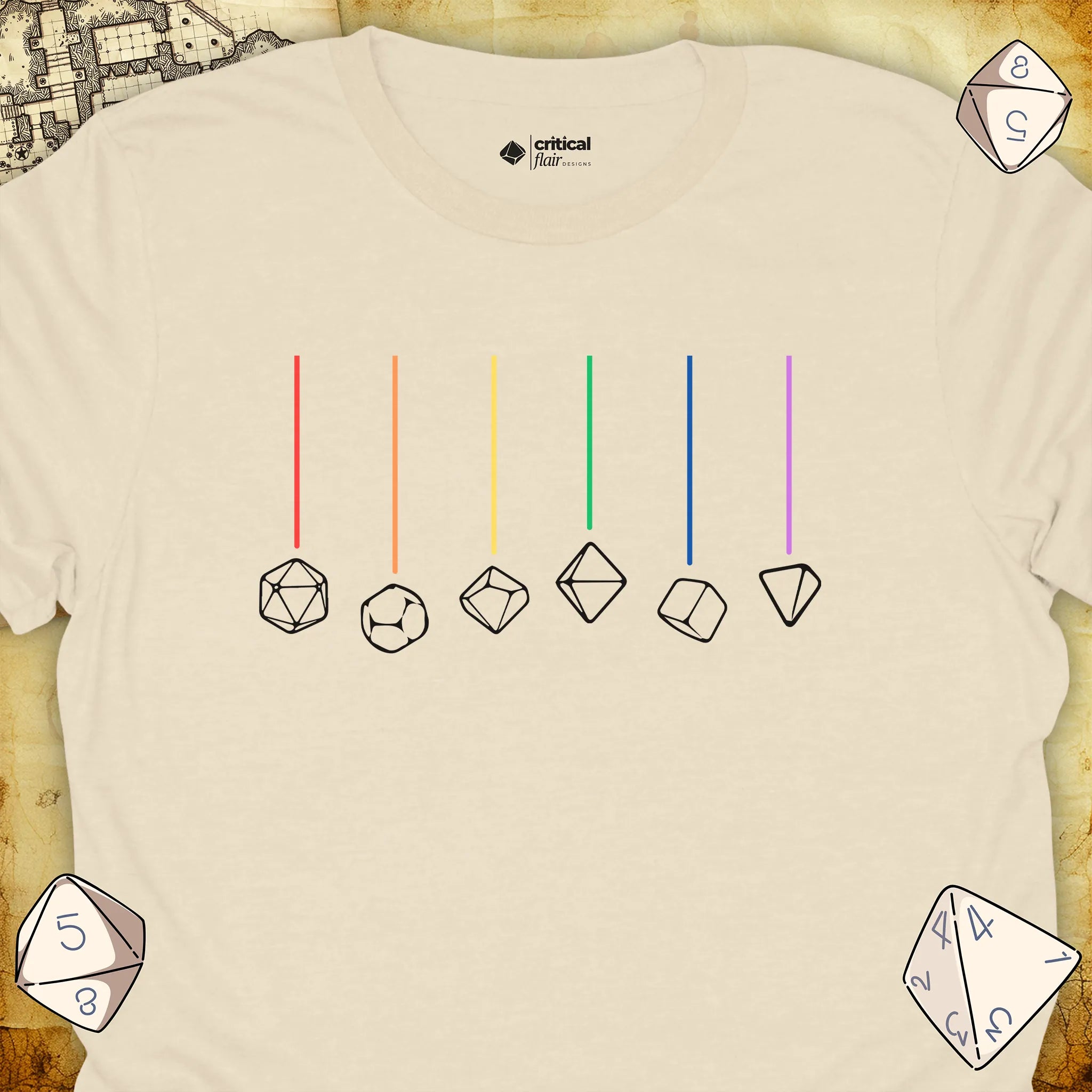Critical Flair Rainbow Dice T-Shirt Natural / S - Dungeons and Dragons and tabletop RPG gaming apparel