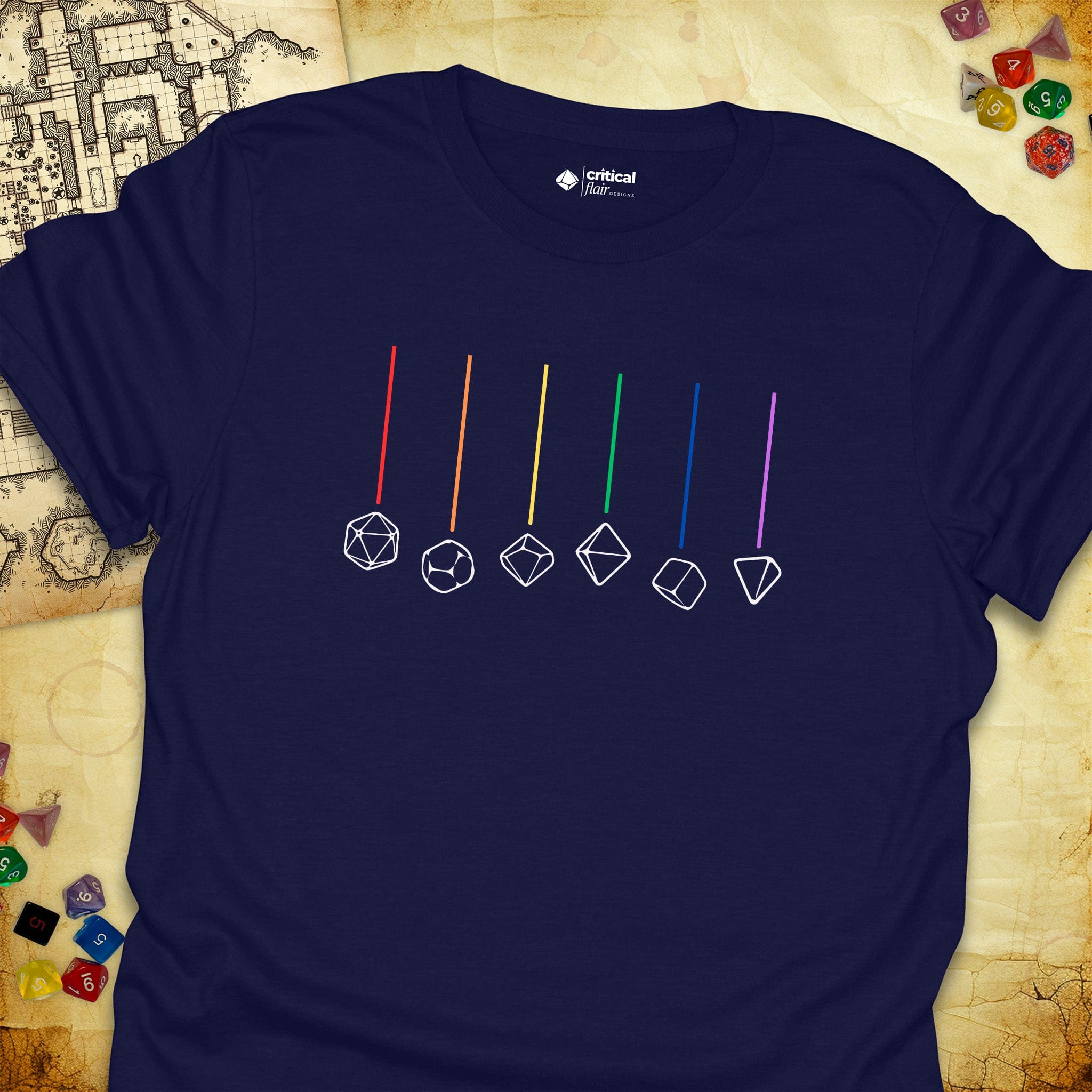 Critical Flair Rainbow Dice T-Shirt Navy / S - Dungeons and Dragons and tabletop RPG gaming apparel