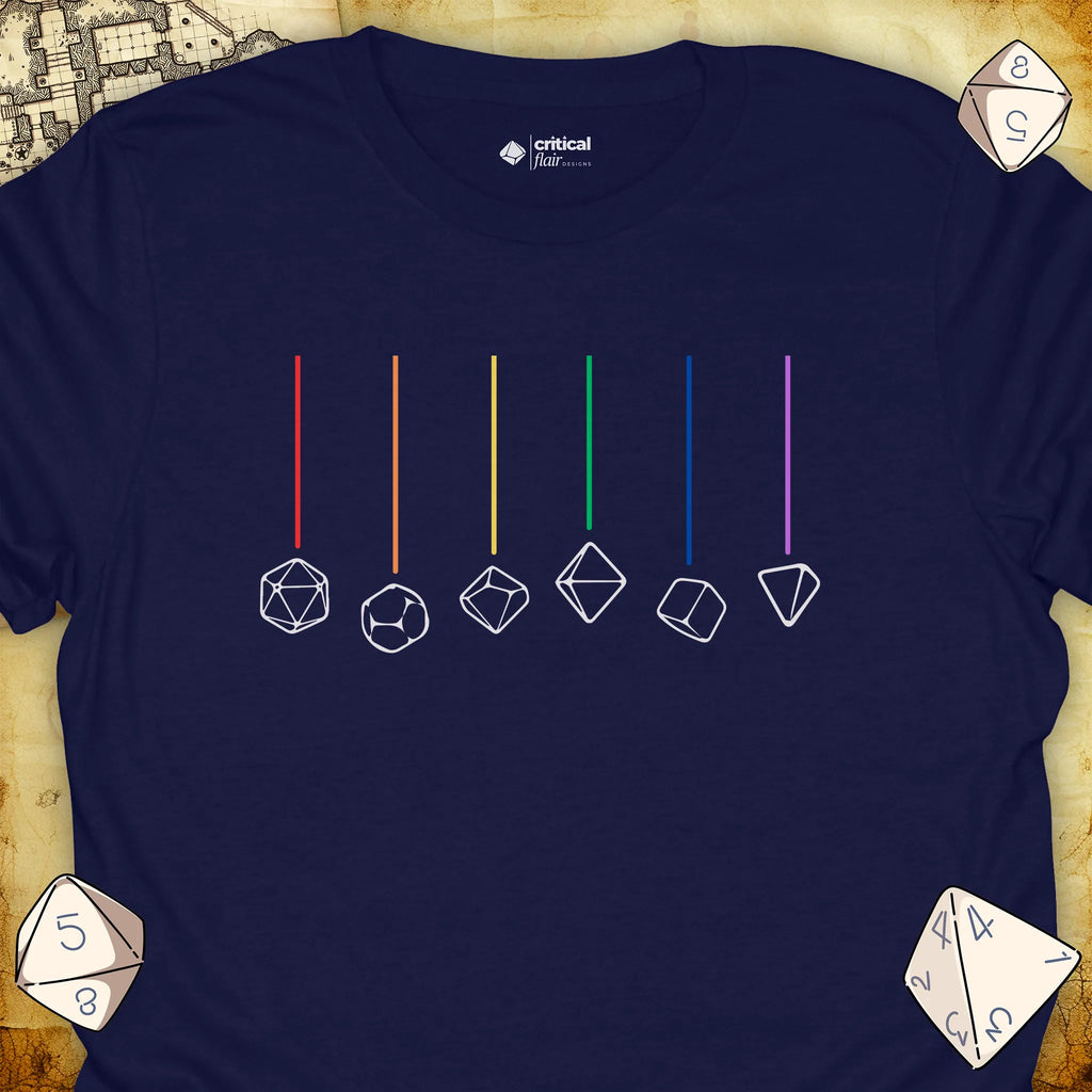 Critical Flair Rainbow Dice T-Shirt Navy / S - Dungeons and Dragons and tabletop RPG gaming apparel