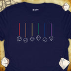 Critical Flair Rainbow Dice T-Shirt Navy / S - Dungeons and Dragons and tabletop RPG gaming apparel