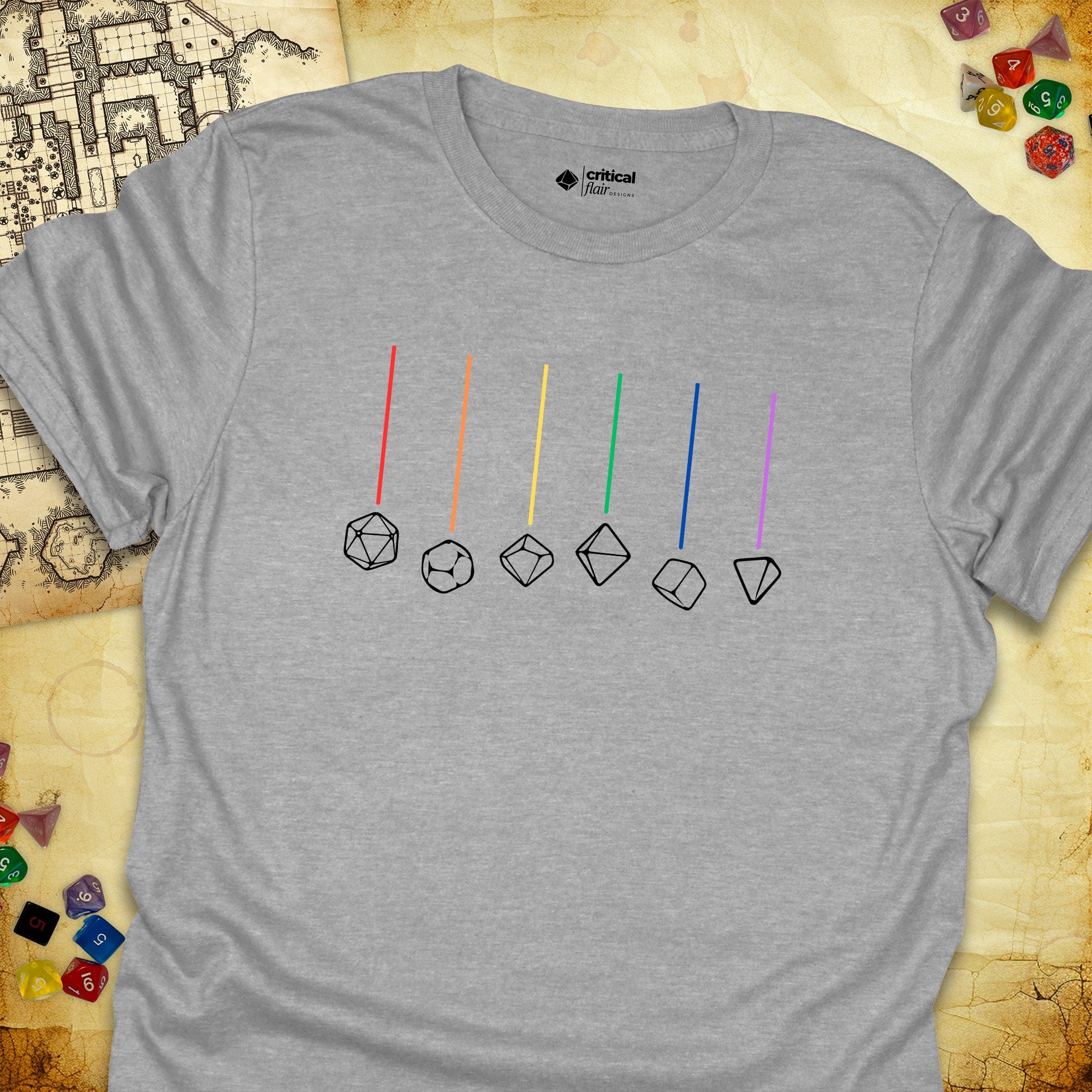 Critical Flair Rainbow Dice T-Shirt Sport Grey / S - Dungeons and Dragons and tabletop RPG gaming apparel