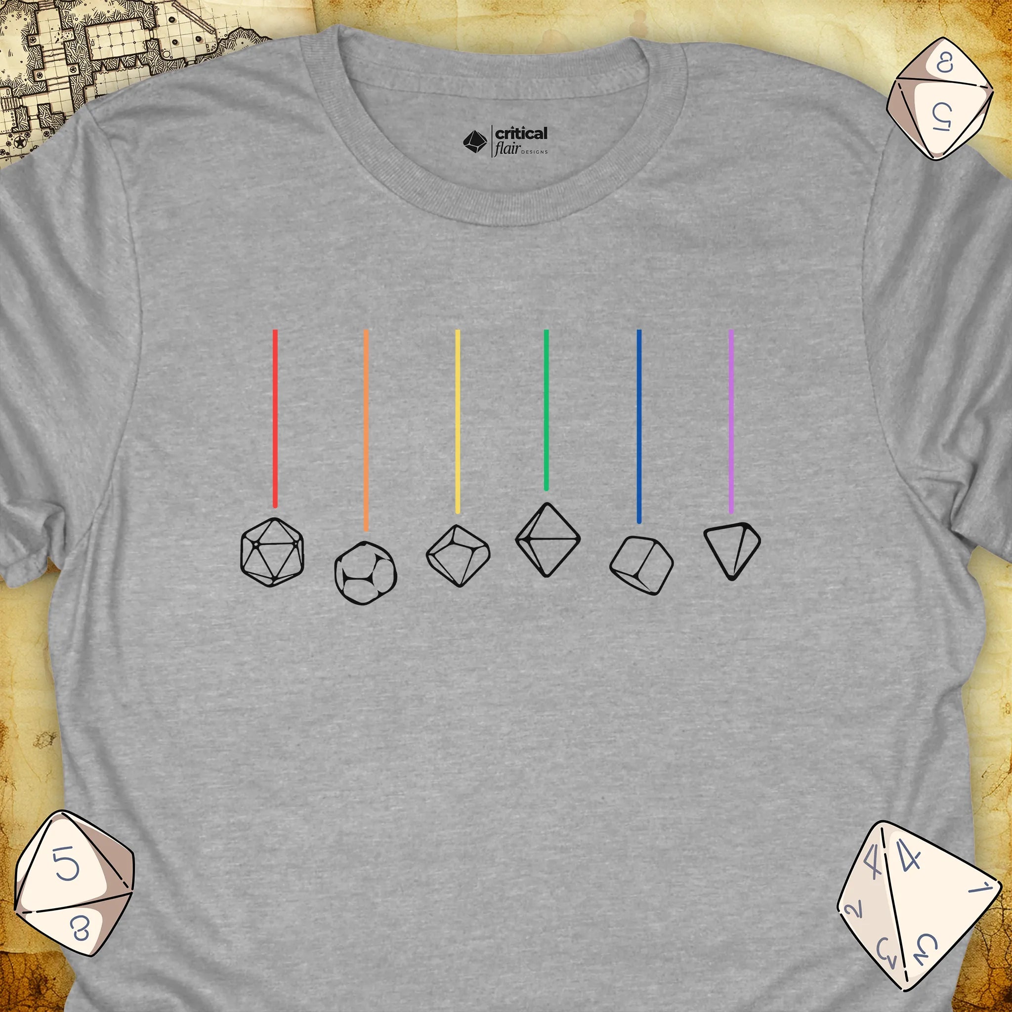 Critical Flair Rainbow Dice T-Shirt Sport Grey / S - Dungeons and Dragons and tabletop RPG gaming apparel
