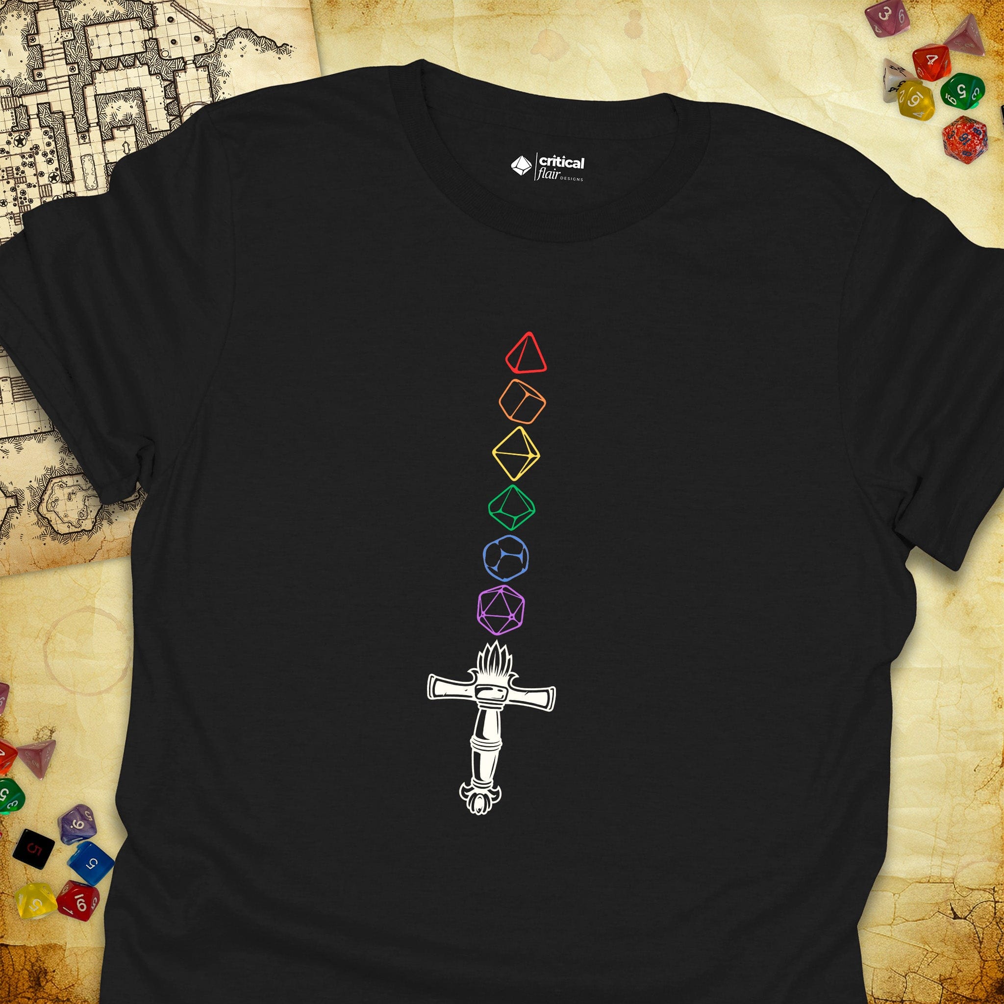 Critical Flair Rainbow Sword T-Shirt Black / S - Dungeons and Dragons and tabletop RPG gaming apparel