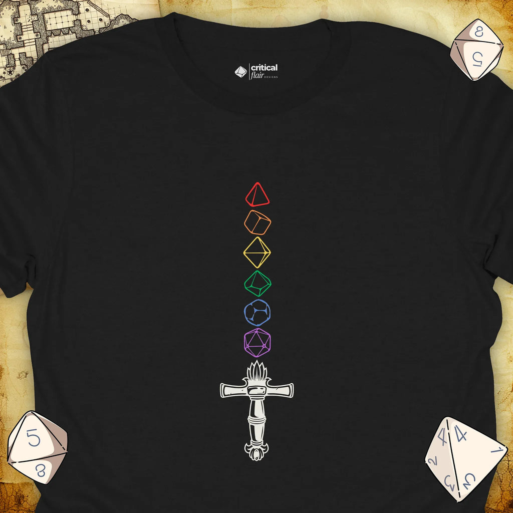 Critical Flair Rainbow Sword T-Shirt Black / S - Dungeons and Dragons and tabletop RPG gaming apparel