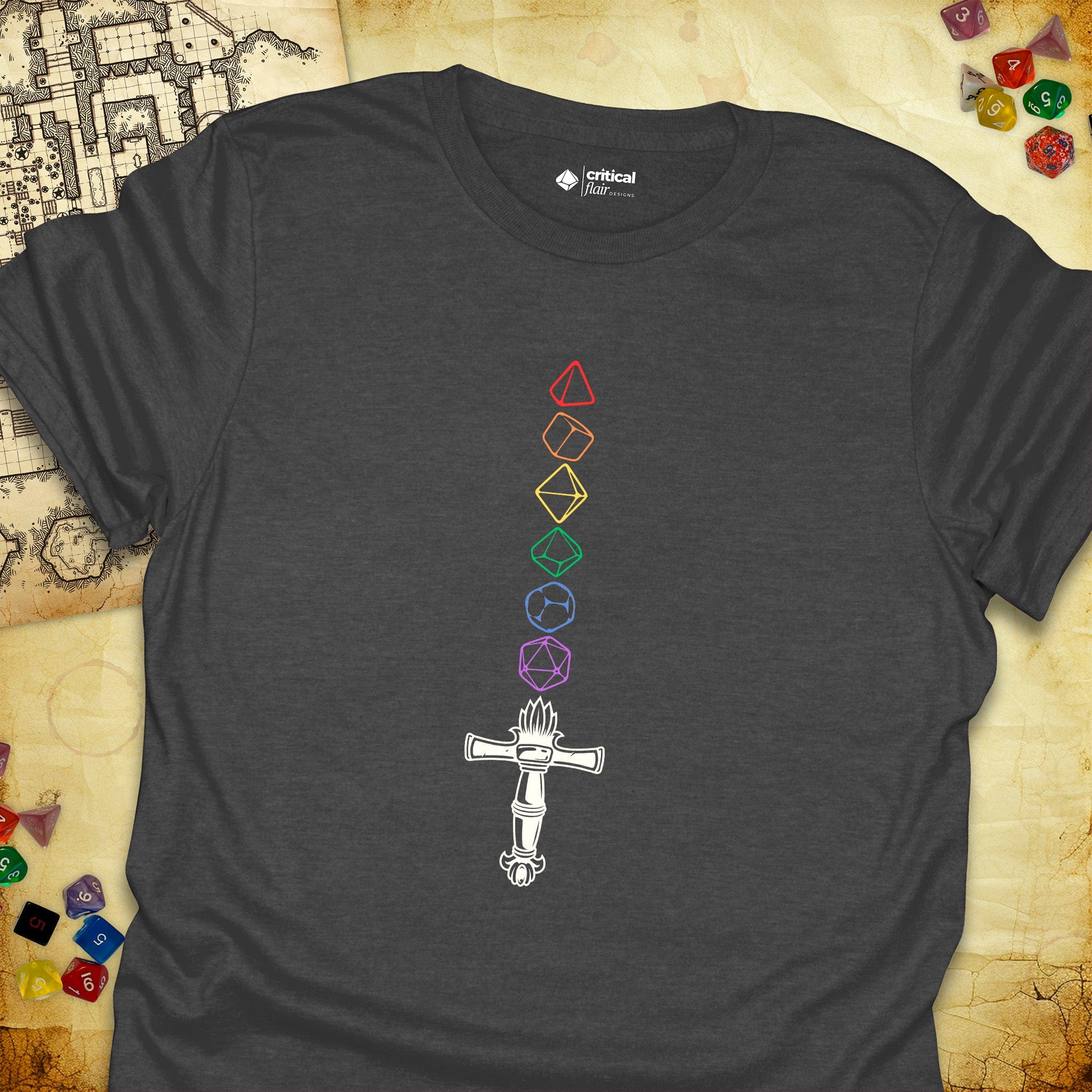 Critical Flair Rainbow Sword T-Shirt Dark Heather / S - Dungeons and Dragons and tabletop RPG gaming apparel