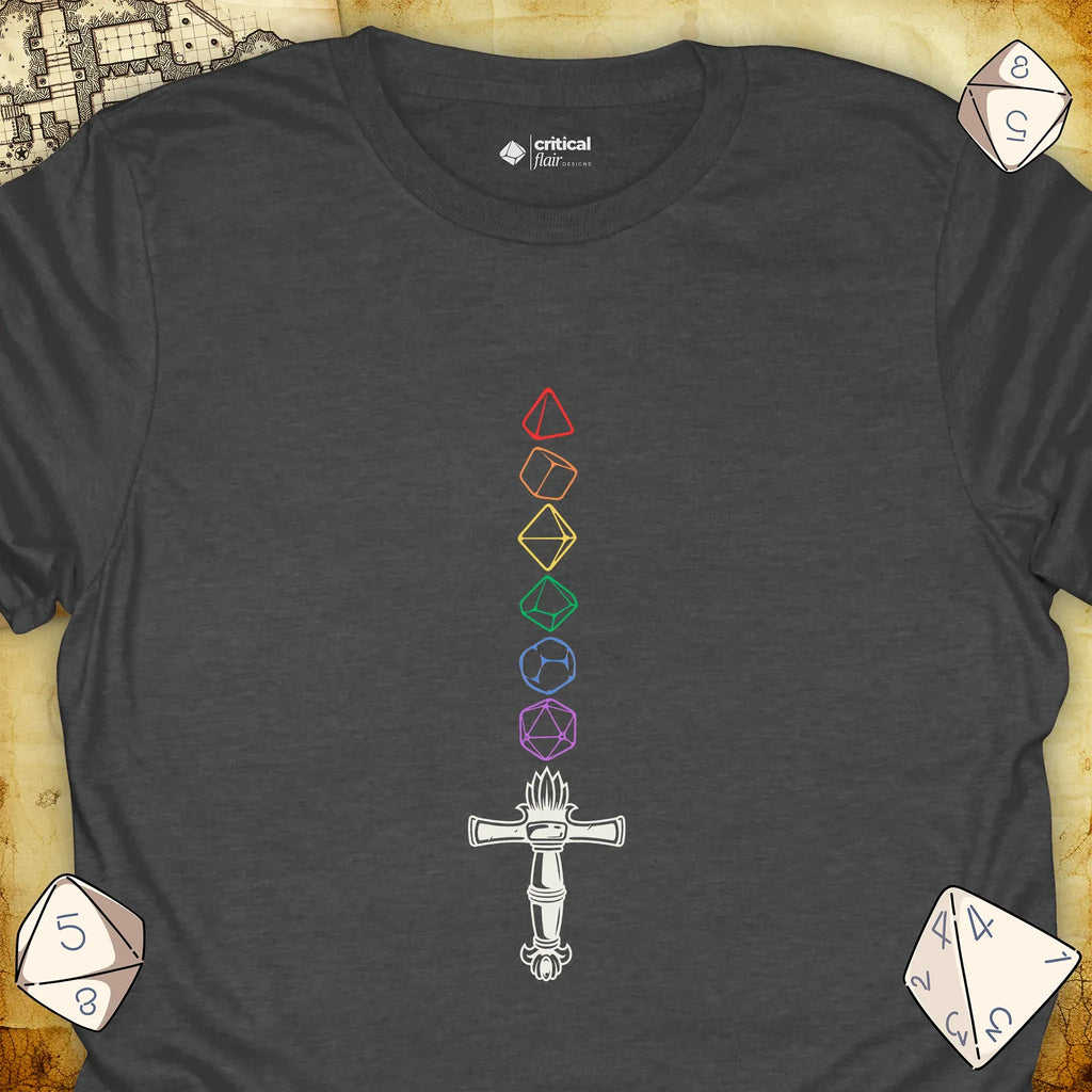 Critical Flair Rainbow Sword T-Shirt Dark Heather / S - Dungeons and Dragons and tabletop RPG gaming apparel