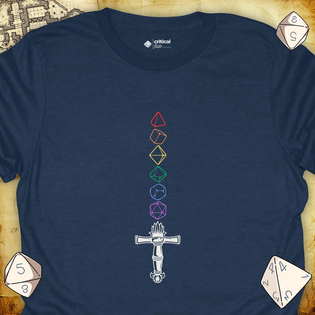 Critical Flair Rainbow Sword T-Shirt Heather Navy / S - Dungeons and Dragons and tabletop RPG gaming apparel