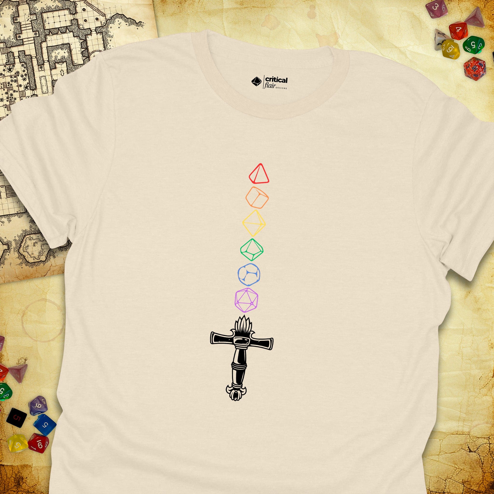 Critical Flair Rainbow Sword T-Shirt Natural / S - Dungeons and Dragons and tabletop RPG gaming apparel