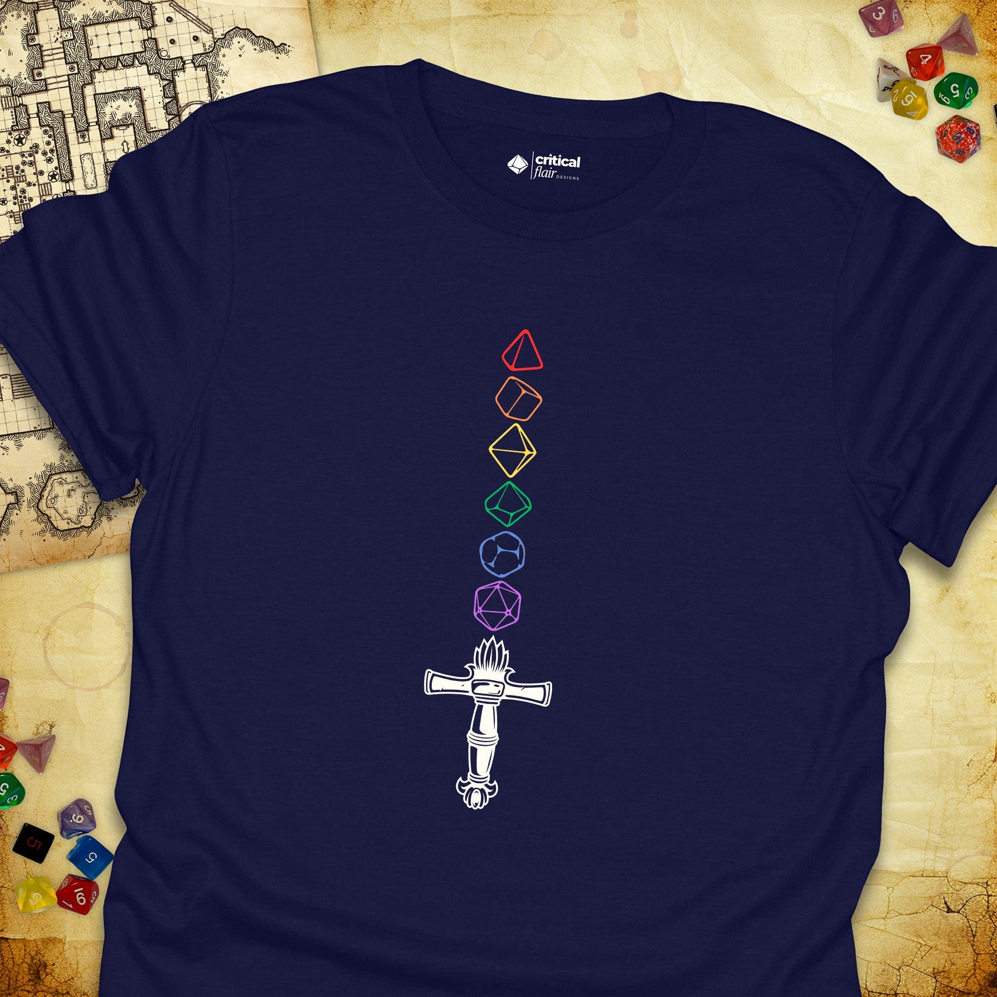 Critical Flair Rainbow Sword T-Shirt Navy / S - Dungeons and Dragons and tabletop RPG gaming apparel