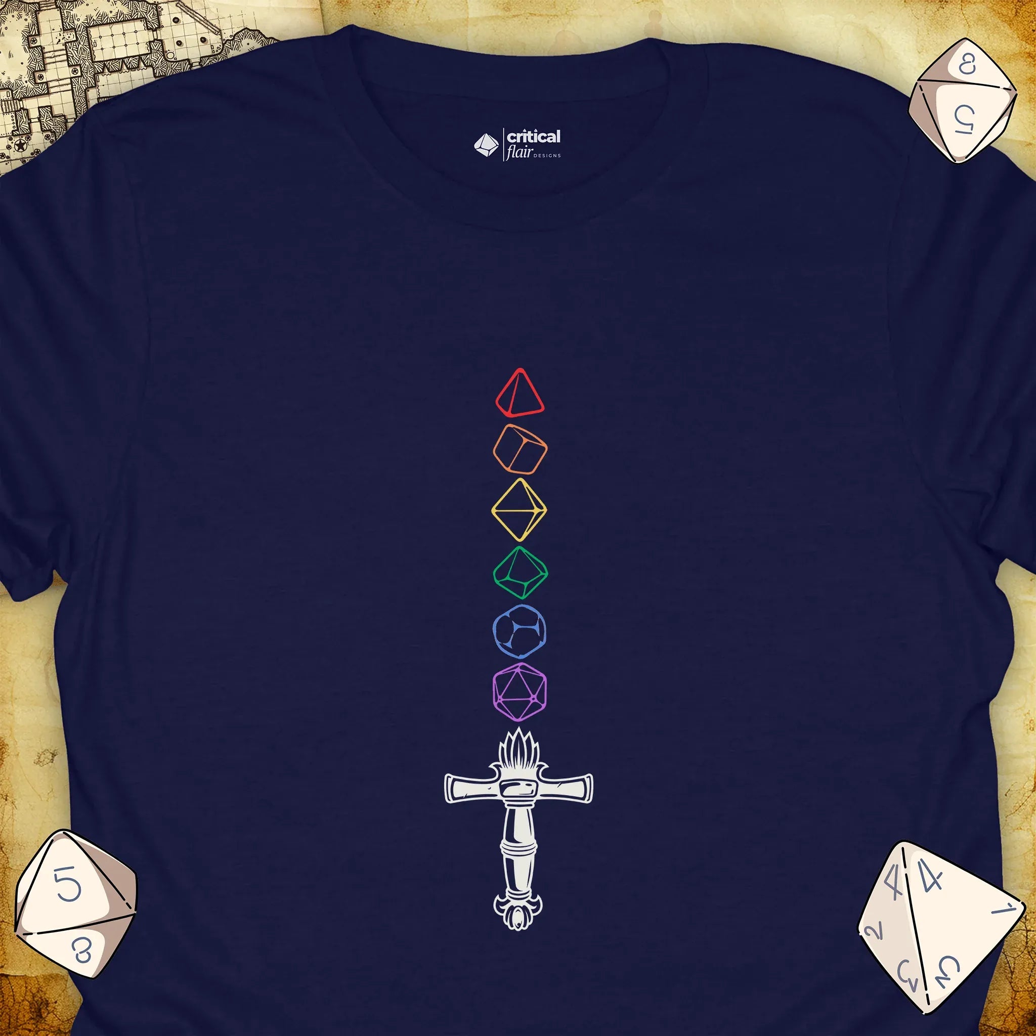 Critical Flair Rainbow Sword T-Shirt Navy / S - Dungeons and Dragons and tabletop RPG gaming apparel