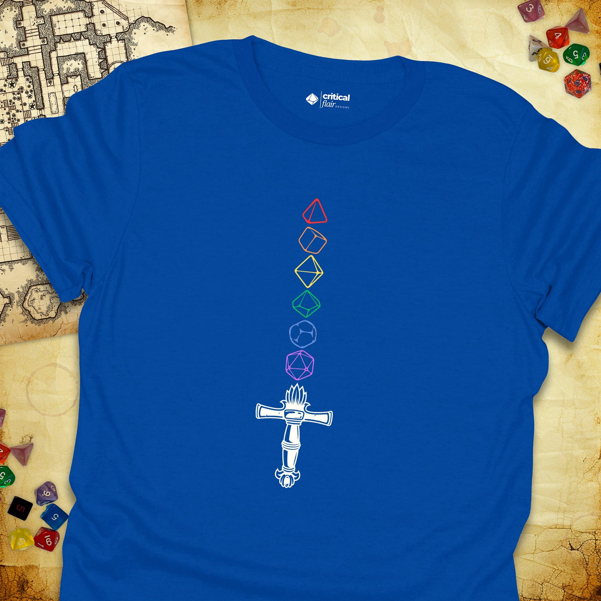 Critical Flair Rainbow Sword T-Shirt Royal / S - Dungeons and Dragons and tabletop RPG gaming apparel