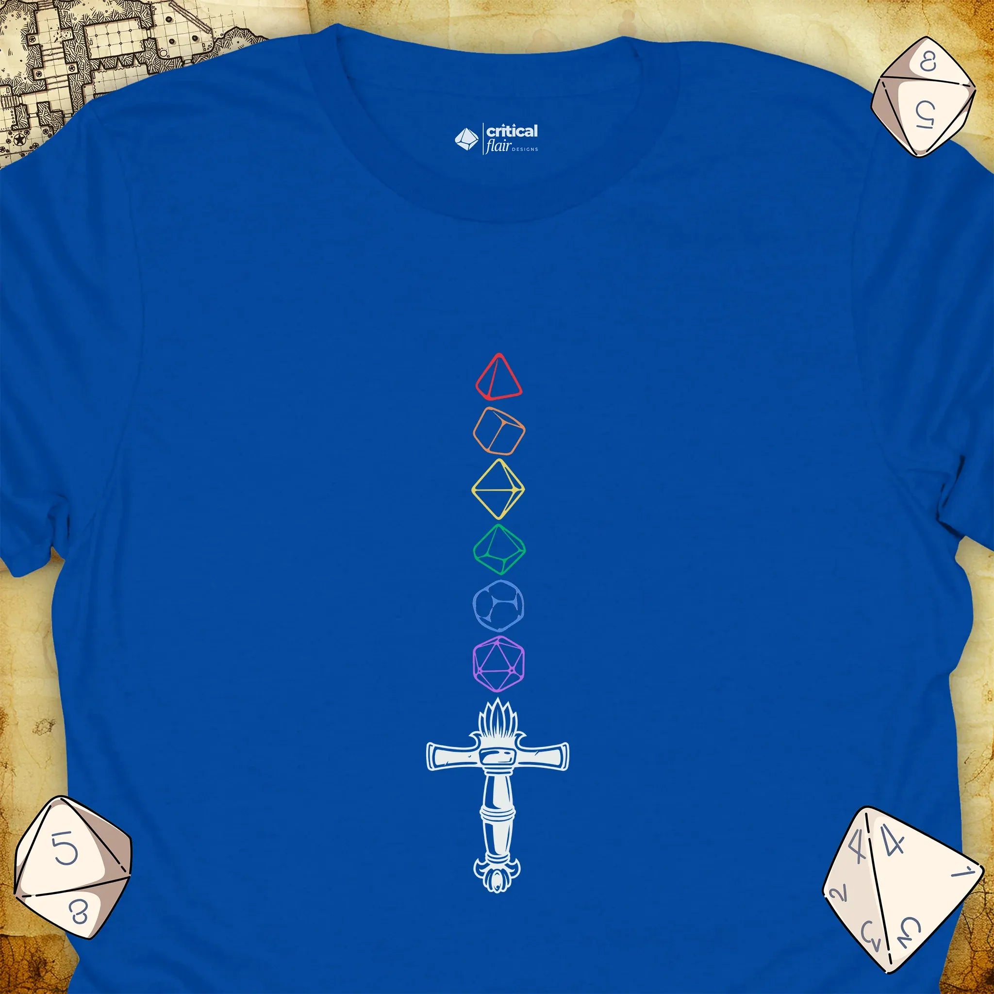 Critical Flair Rainbow Sword T-Shirt Royal / S - Dungeons and Dragons and tabletop RPG gaming apparel