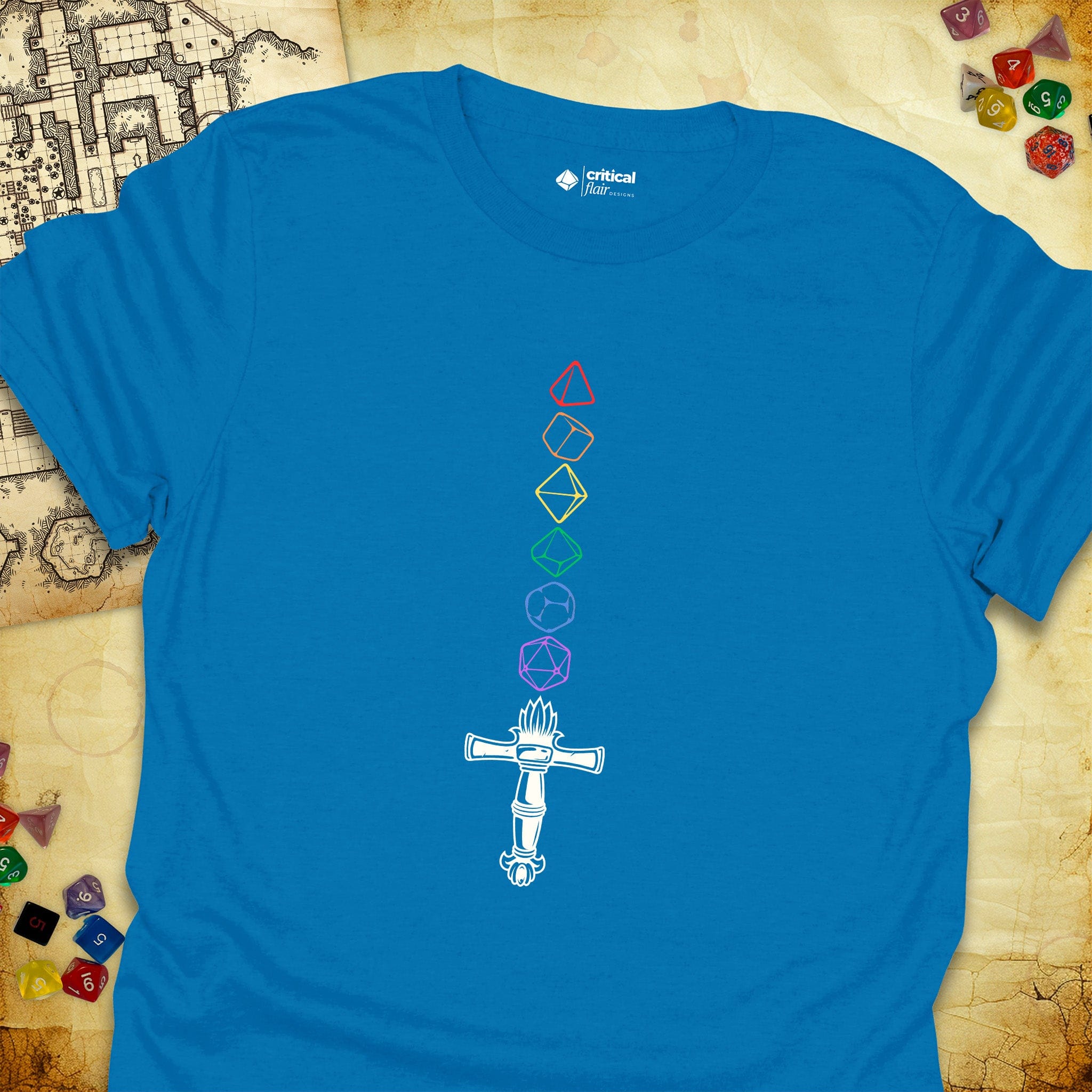 Critical Flair Rainbow Sword T-Shirt Sapphire / S - Dungeons and Dragons and tabletop RPG gaming apparel