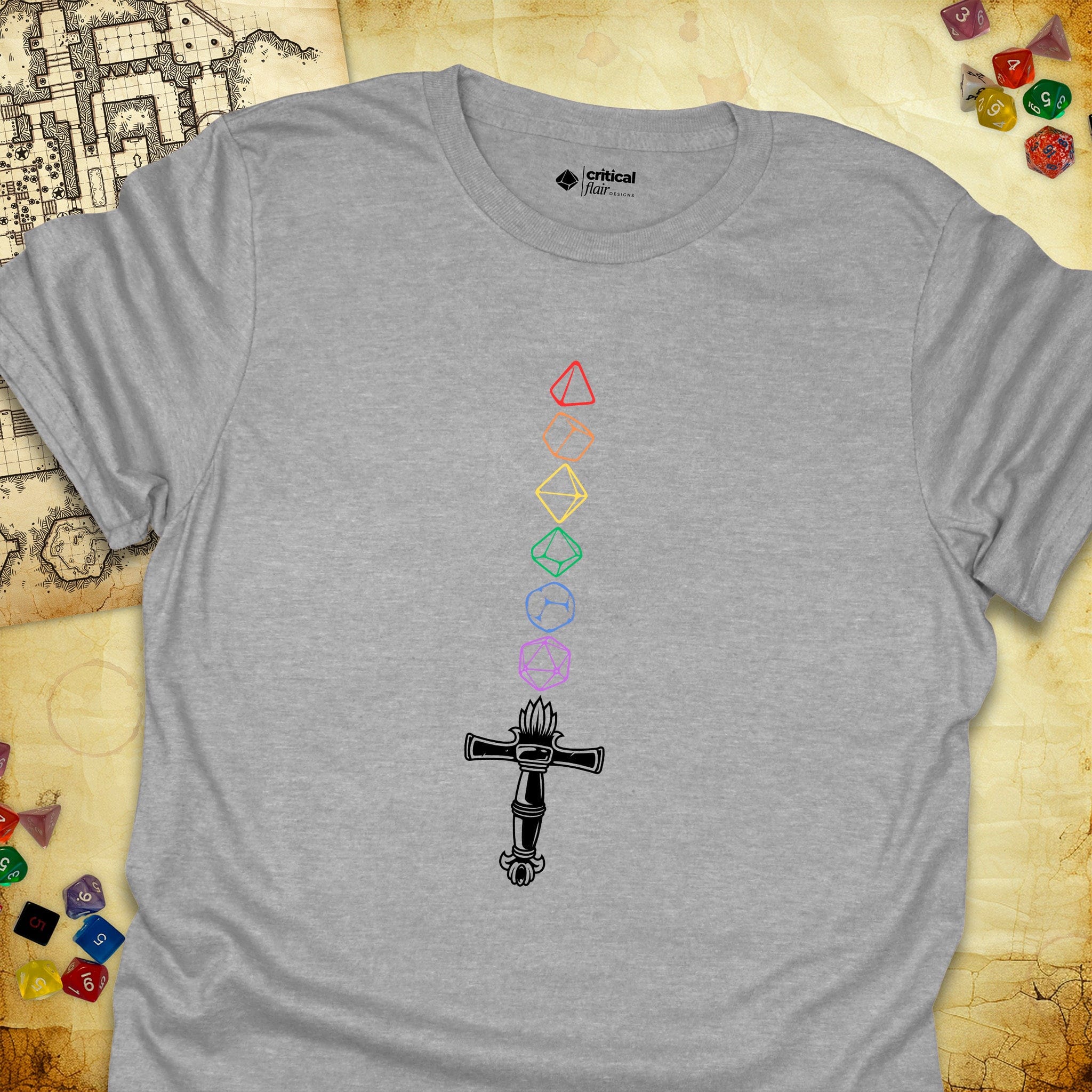 Critical Flair Rainbow Sword T-Shirt Sport Grey / S - Dungeons and Dragons and tabletop RPG gaming apparel