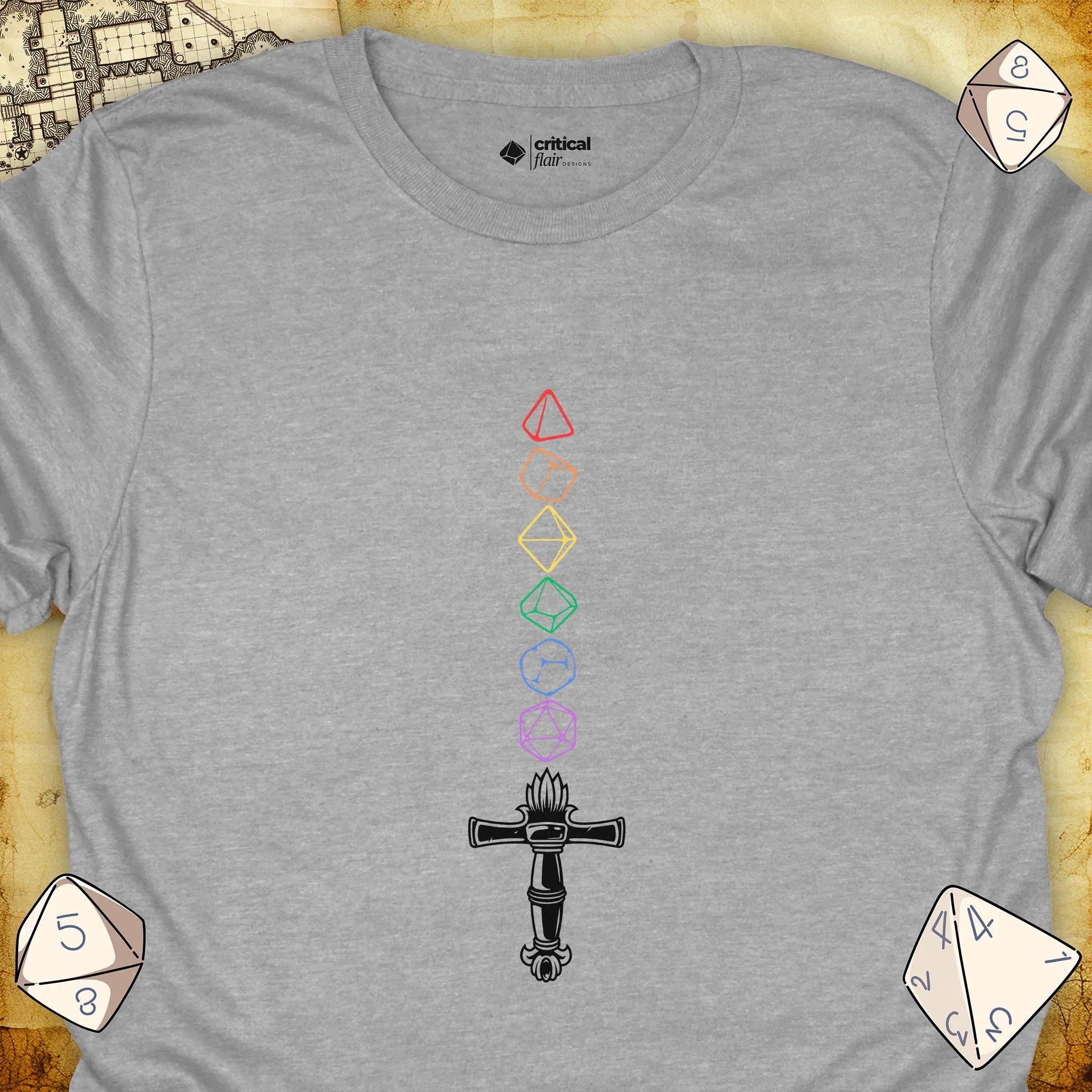 Critical Flair Rainbow Sword T-Shirt Sport Grey / S - Dungeons and Dragons and tabletop RPG gaming apparel