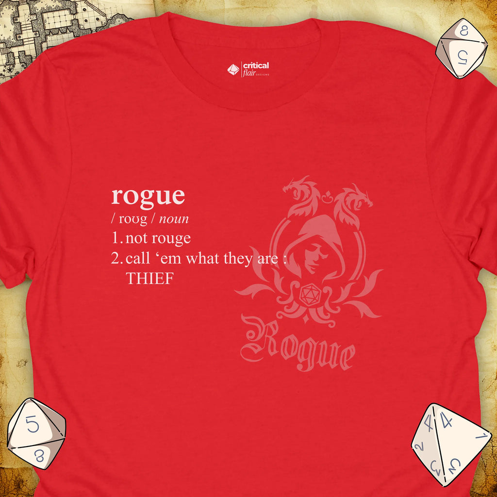 Critical Flair Rogue Definition T-Shirt Red / S - Dungeons and Dragons and tabletop RPG gaming apparel