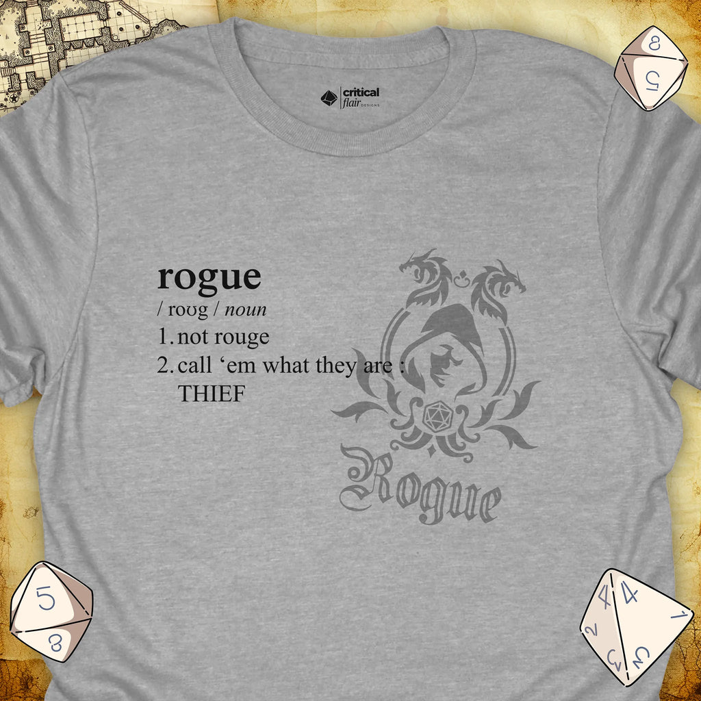 Critical Flair Rogue Definition T-Shirt Sport Grey / S - Dungeons and Dragons and tabletop RPG gaming apparel
