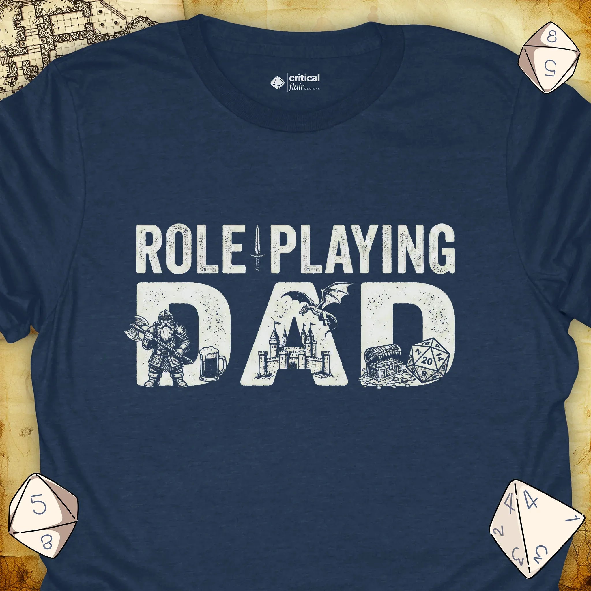 Critical Flair Role-Playing Dad T-Shirt Heather Navy / S - Dungeons and Dragons and tabletop RPG gaming apparel