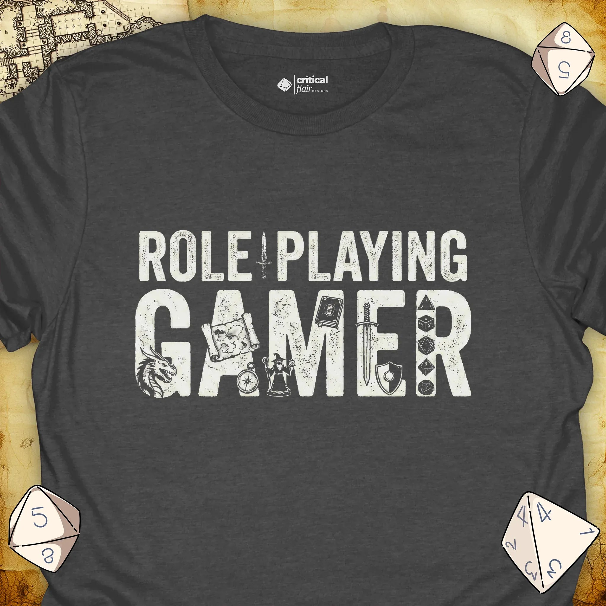Critical Flair Role-Playing Gamer T-Shirt Dark Heather / S - Dungeons and Dragons and tabletop RPG gaming apparel
