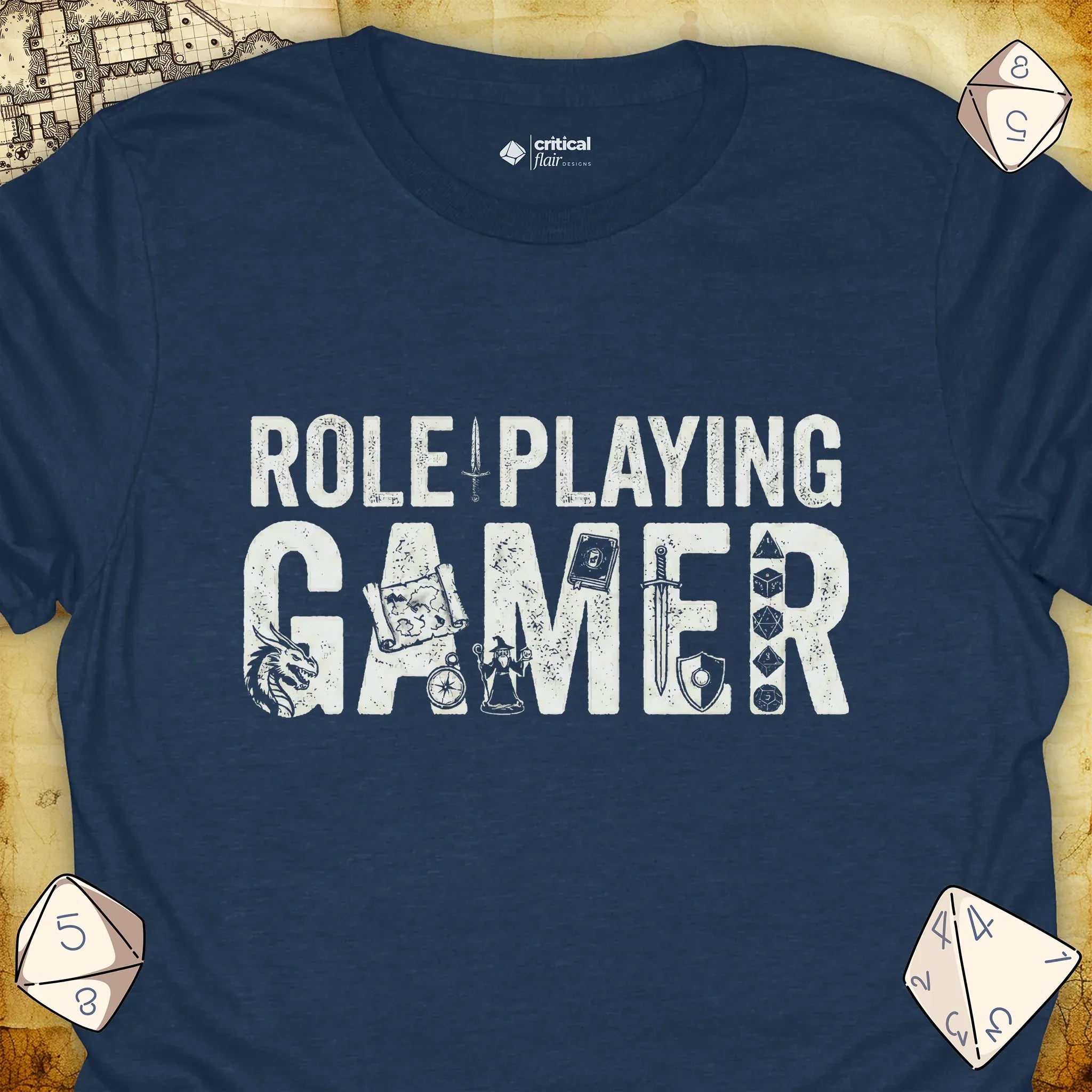 Critical Flair Role-Playing Gamer T-Shirt Heather Navy / S - Dungeons and Dragons and tabletop RPG gaming apparel