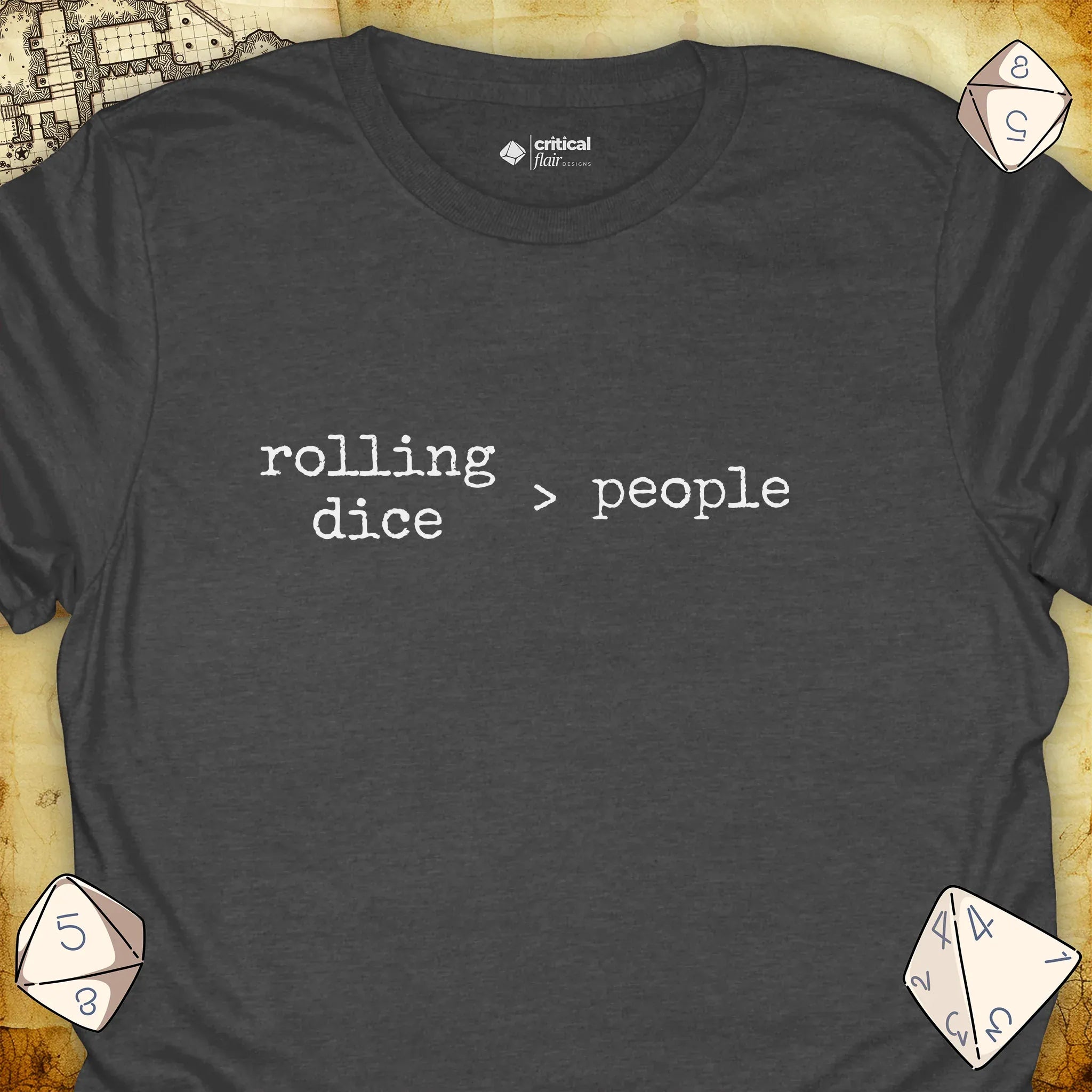 Critical Flair rolling dice > people T-Shirt Dark Heather / S - Dungeons and Dragons and tabletop RPG gaming apparel