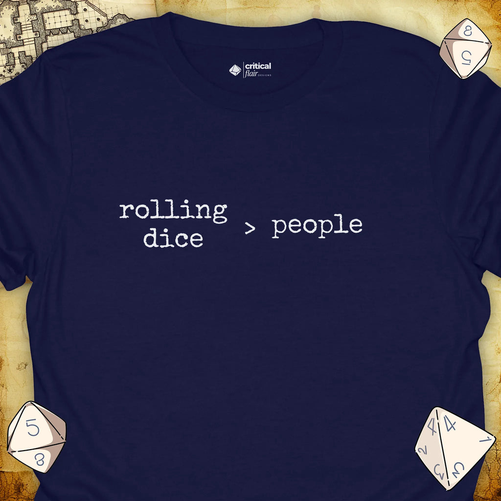 Critical Flair rolling dice > people T-Shirt Navy / S - Dungeons and Dragons and tabletop RPG gaming apparel