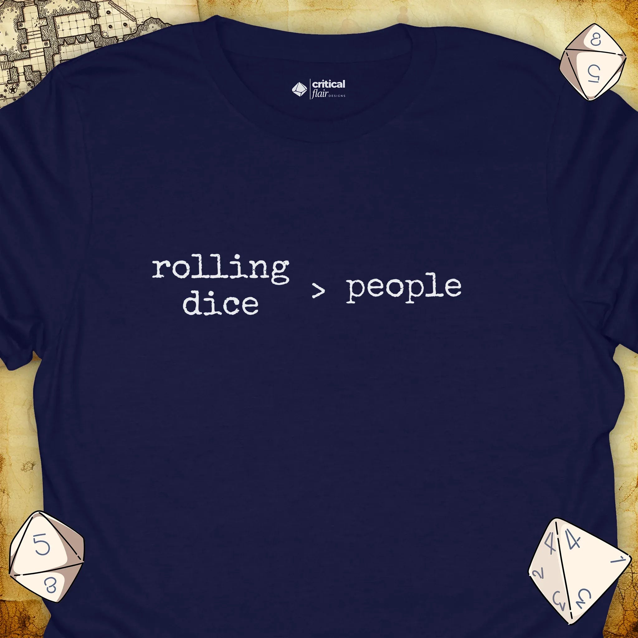 Critical Flair rolling dice > people T-Shirt Navy / S - Dungeons and Dragons and tabletop RPG gaming apparel