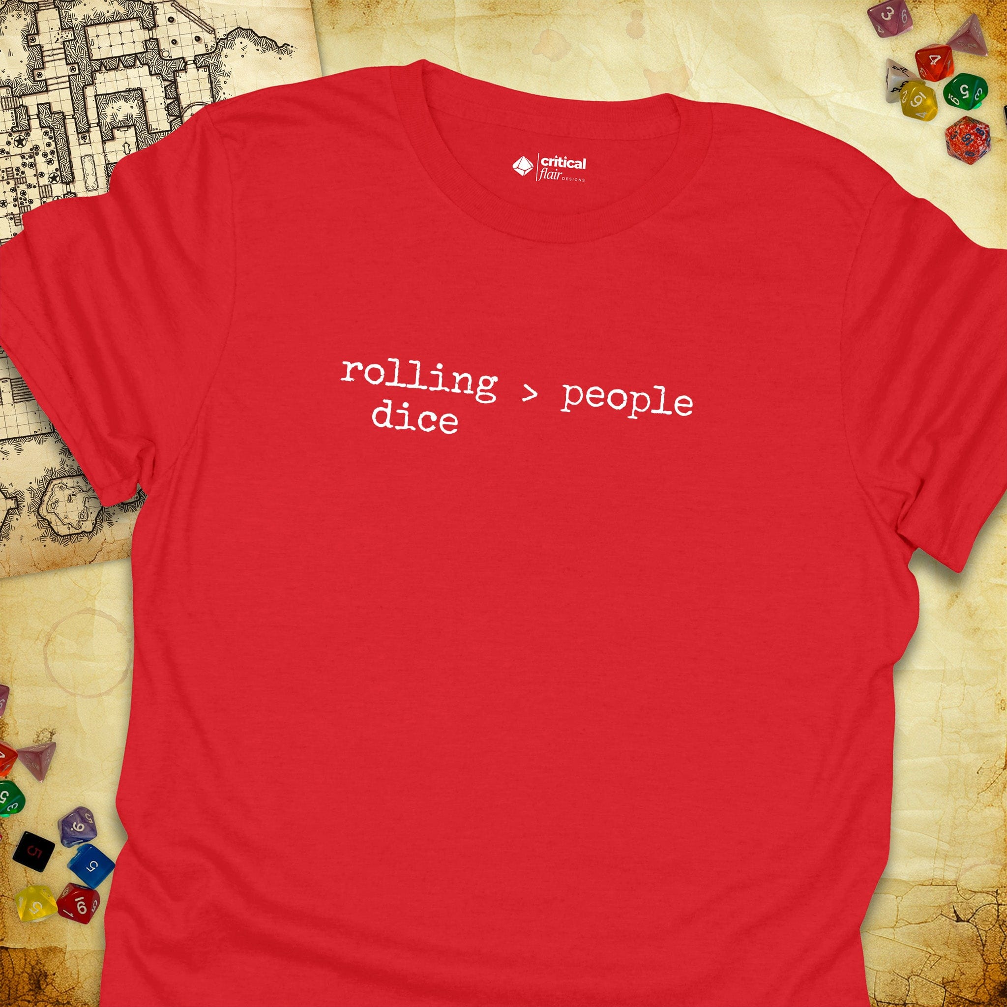 Critical Flair rolling dice > people T-Shirt Red / S - Dungeons and Dragons and tabletop RPG gaming apparel