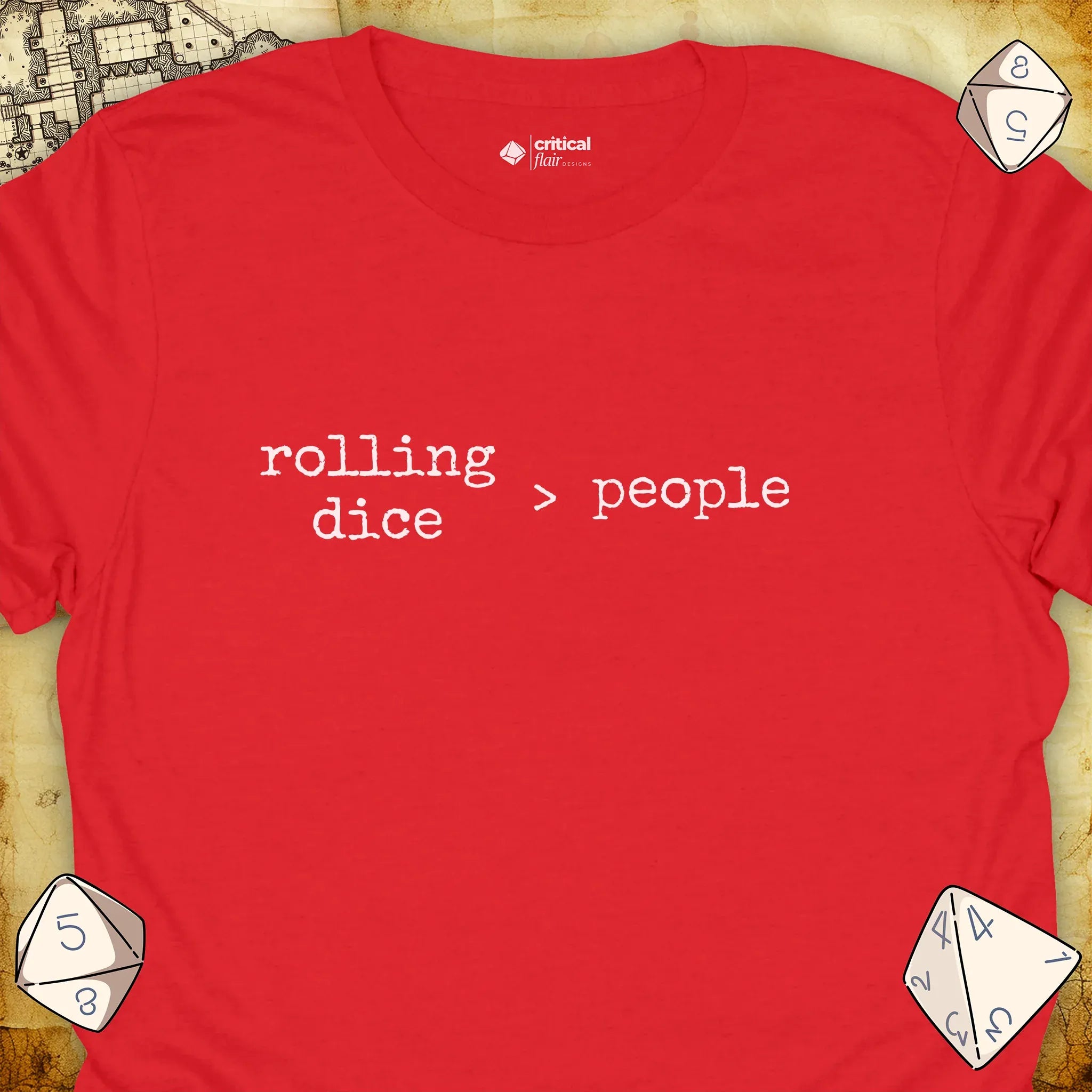 Critical Flair rolling dice > people T-Shirt Red / S - Dungeons and Dragons and tabletop RPG gaming apparel
