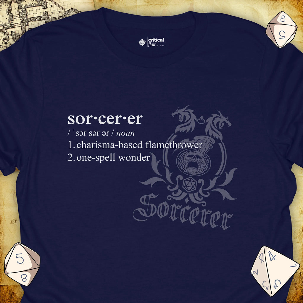 Critical Flair Sorcerer Definition T-Shirt Navy / S - Dungeons and Dragons and tabletop RPG gaming apparel