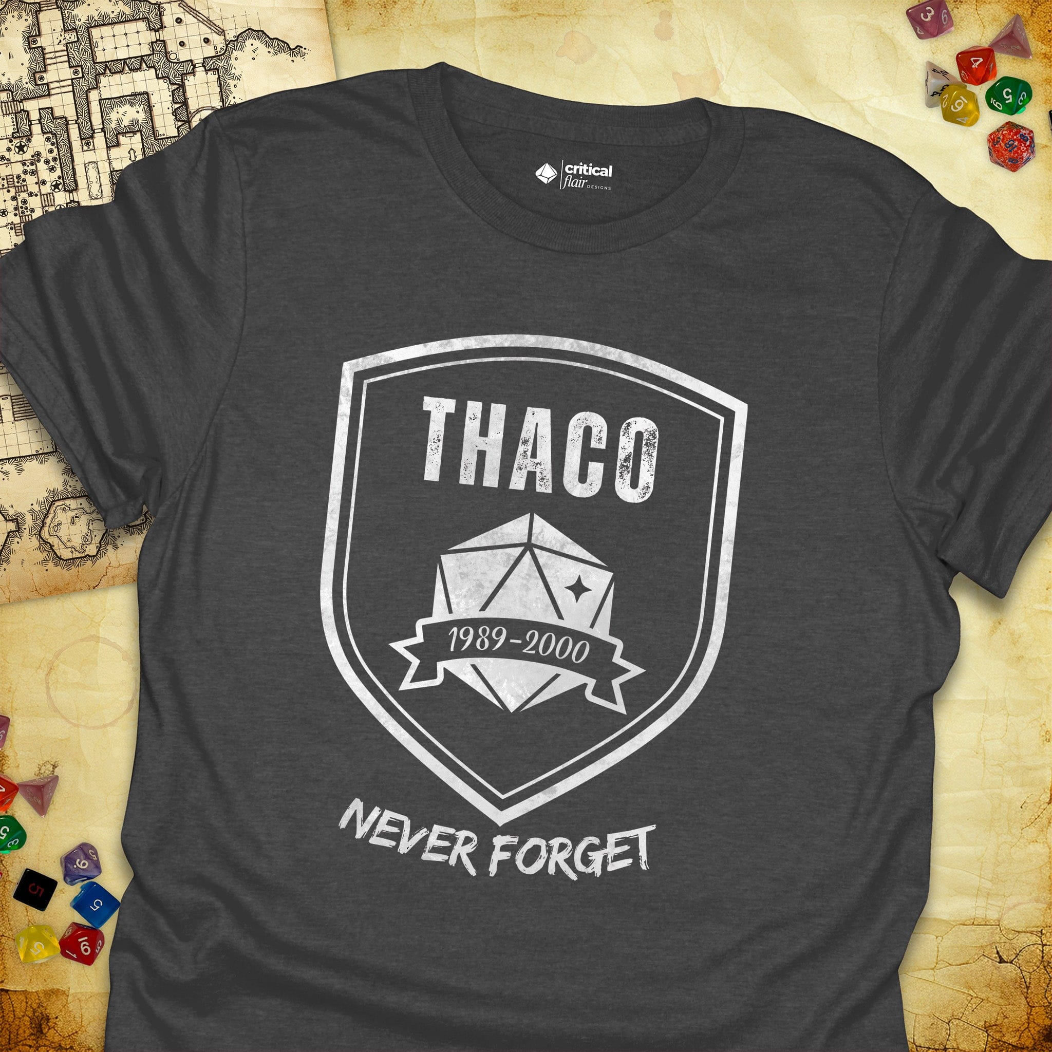 Critical Flair THAC0 Never Forget T-Shirt Dark Heather / S - Dungeons and Dragons and tabletop RPG gaming apparel