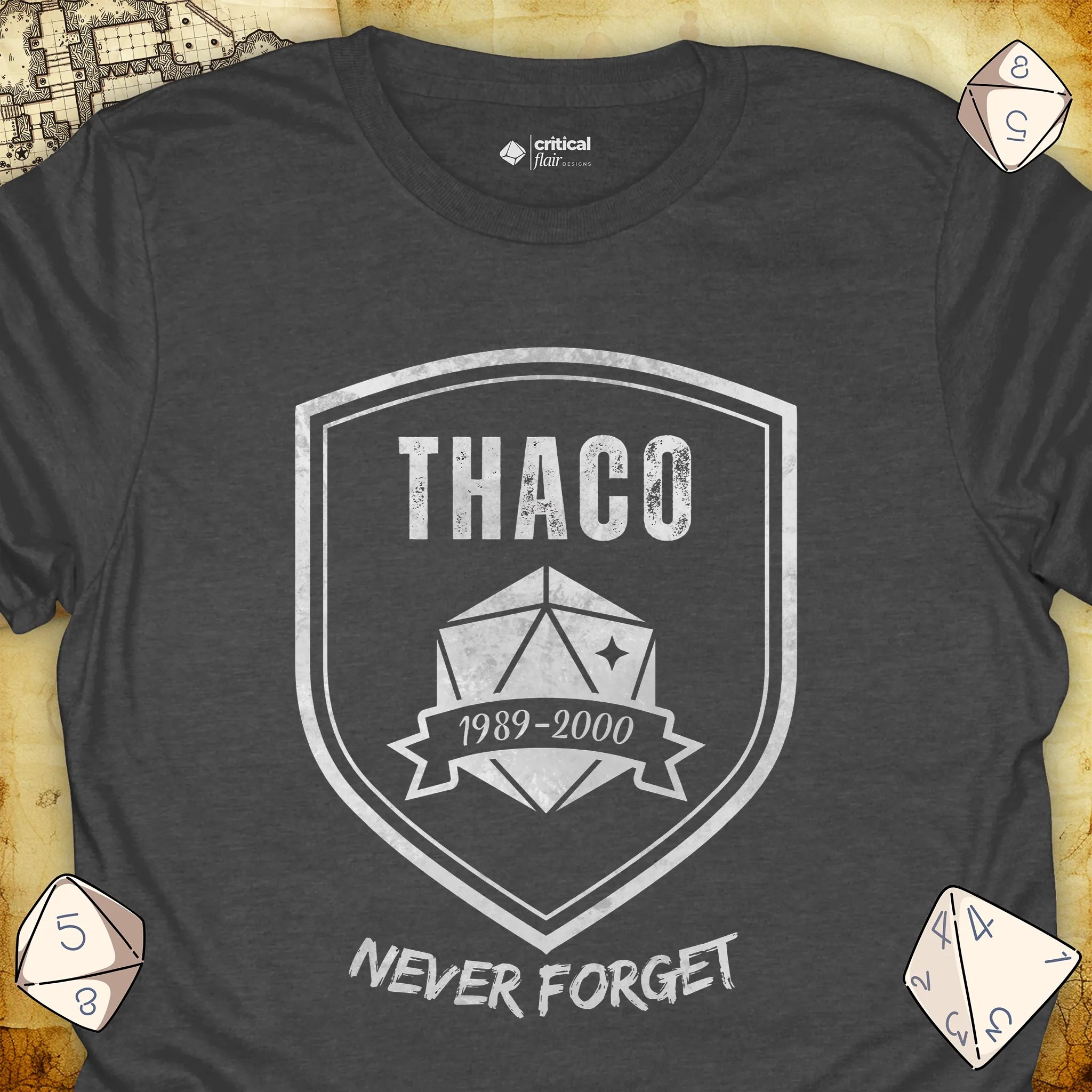 Critical Flair THAC0 Never Forget T-Shirt Dark Heather / S - Dungeons and Dragons and tabletop RPG gaming apparel