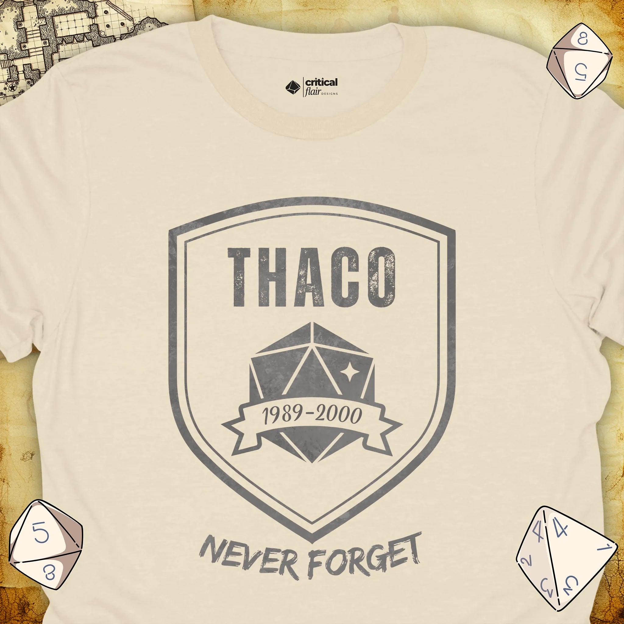 Critical Flair THAC0 Never Forget T-Shirt Natural / S - Dungeons and Dragons and tabletop RPG gaming apparel