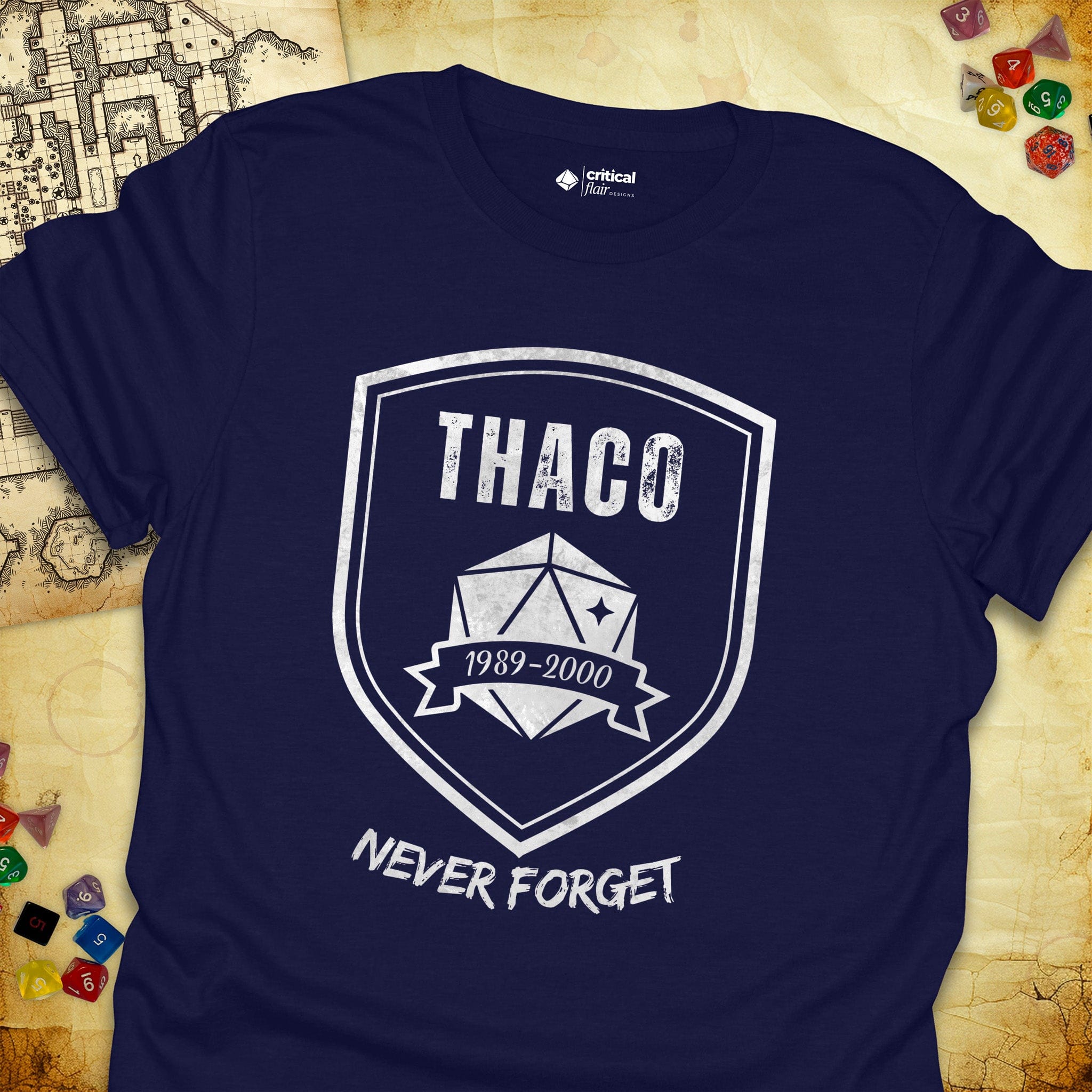 Critical Flair THAC0 Never Forget T-Shirt Navy / S - Dungeons and Dragons and tabletop RPG gaming apparel