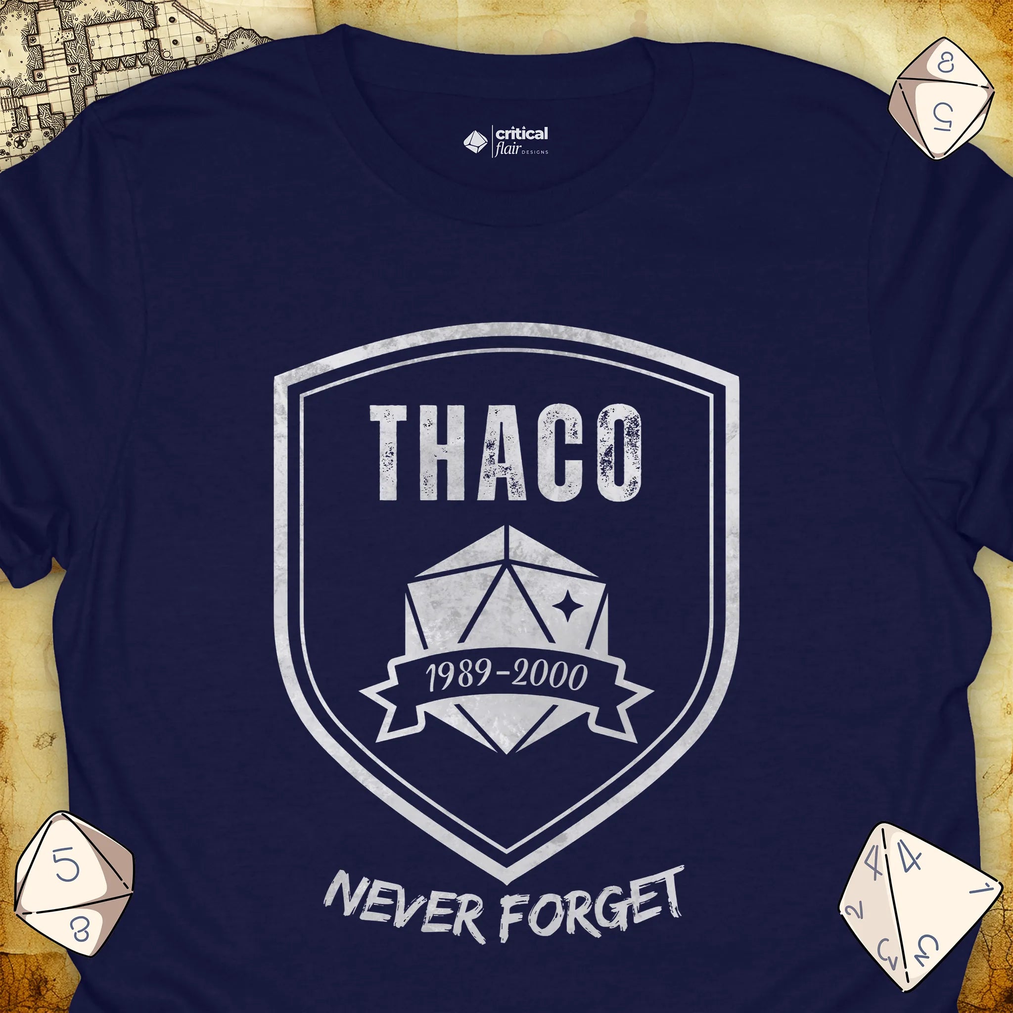 Critical Flair THAC0 Never Forget T-Shirt Navy / S - Dungeons and Dragons and tabletop RPG gaming apparel