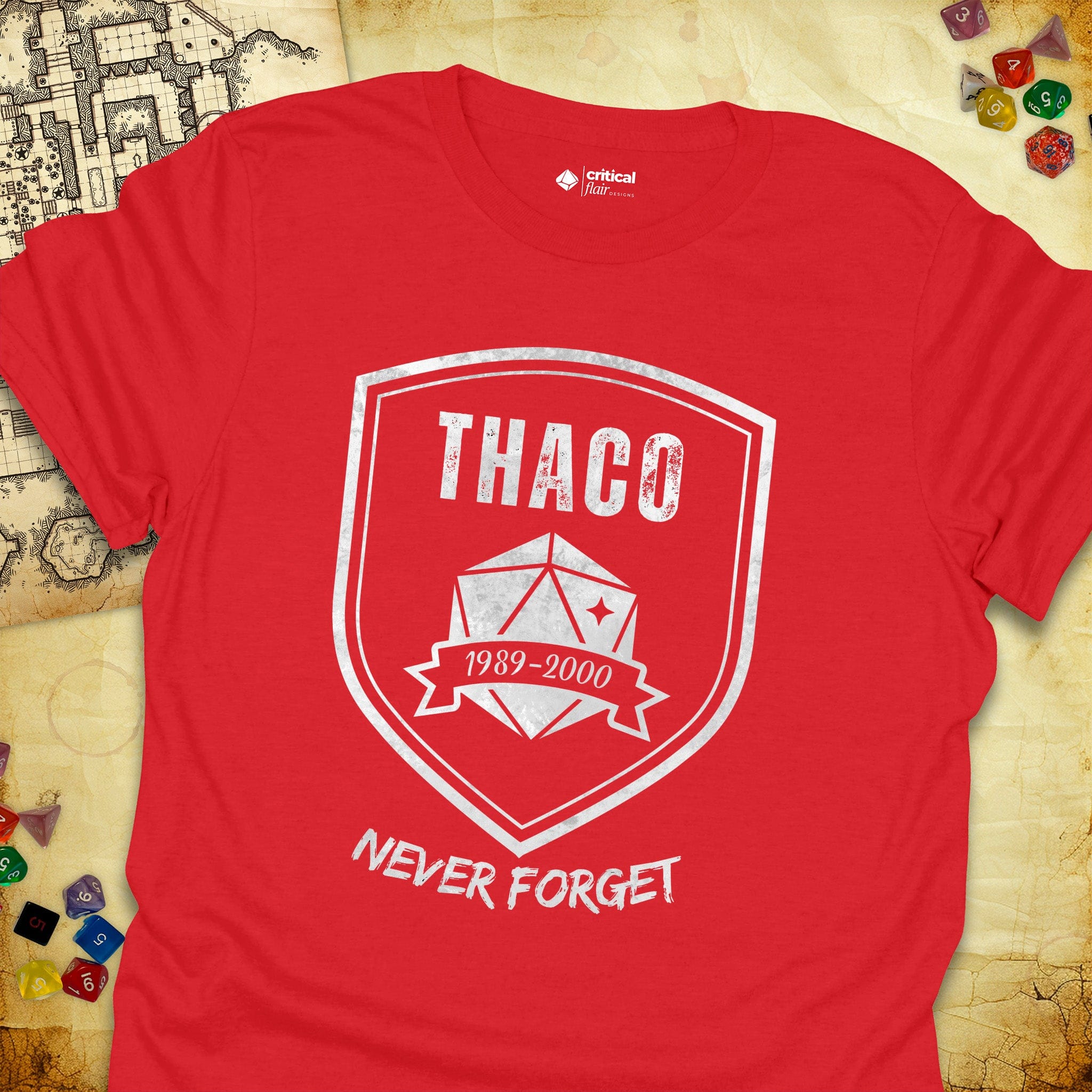 Critical Flair THAC0 Never Forget T-Shirt Red / S - Dungeons and Dragons and tabletop RPG gaming apparel