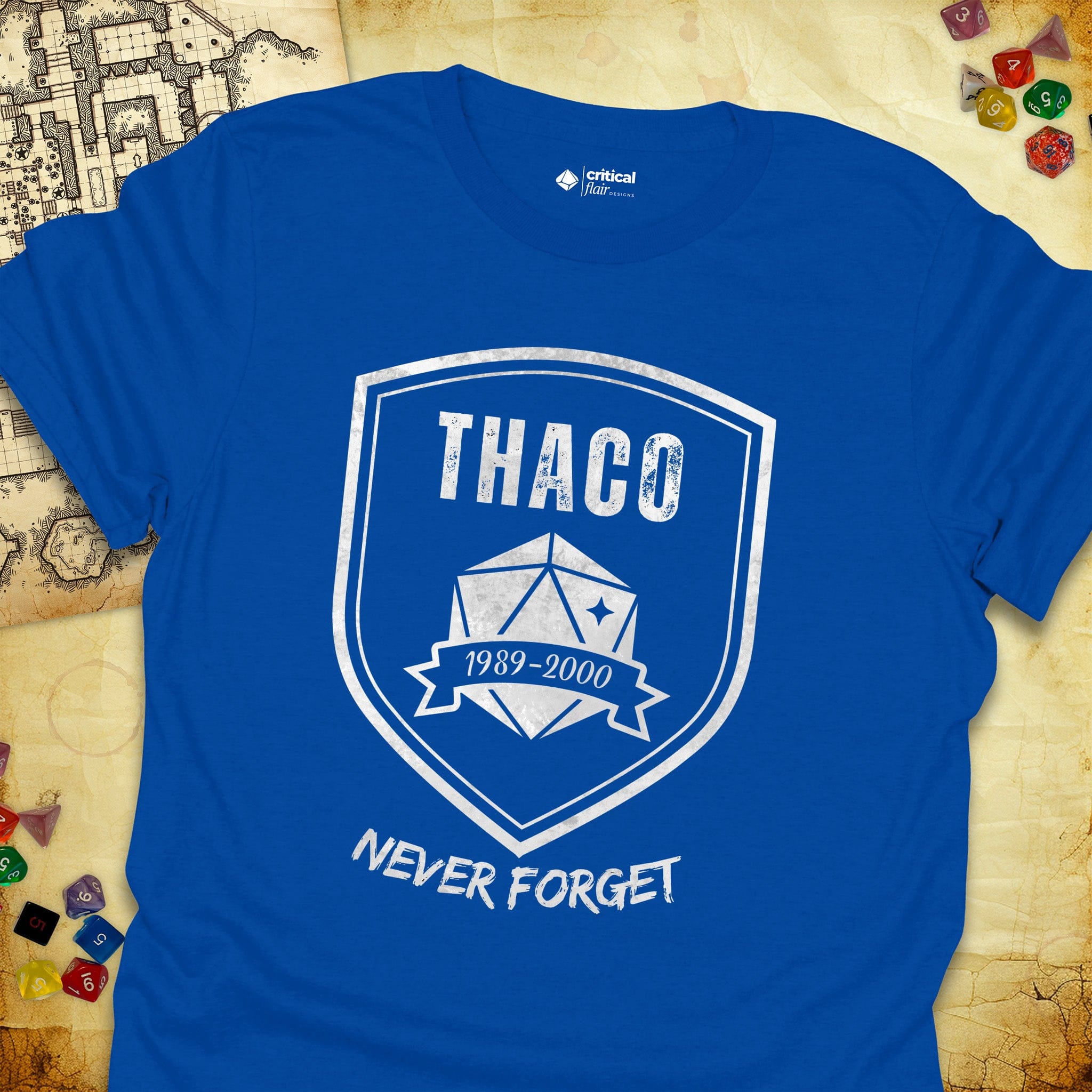Critical Flair THAC0 Never Forget T-Shirt Royal / S - Dungeons and Dragons and tabletop RPG gaming apparel