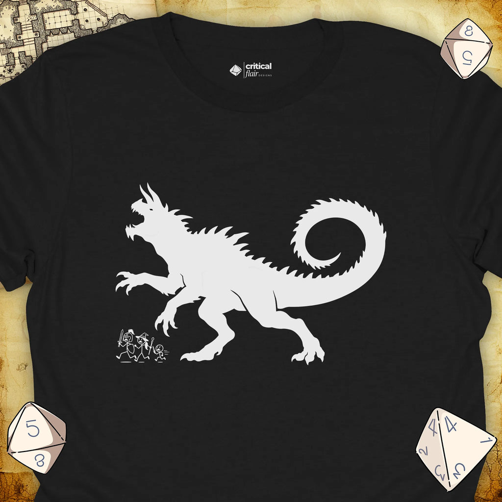 Critical Flair The Party vs Tarrasque T-Shirt Black / S - Dungeons and Dragons and tabletop RPG gaming apparel
