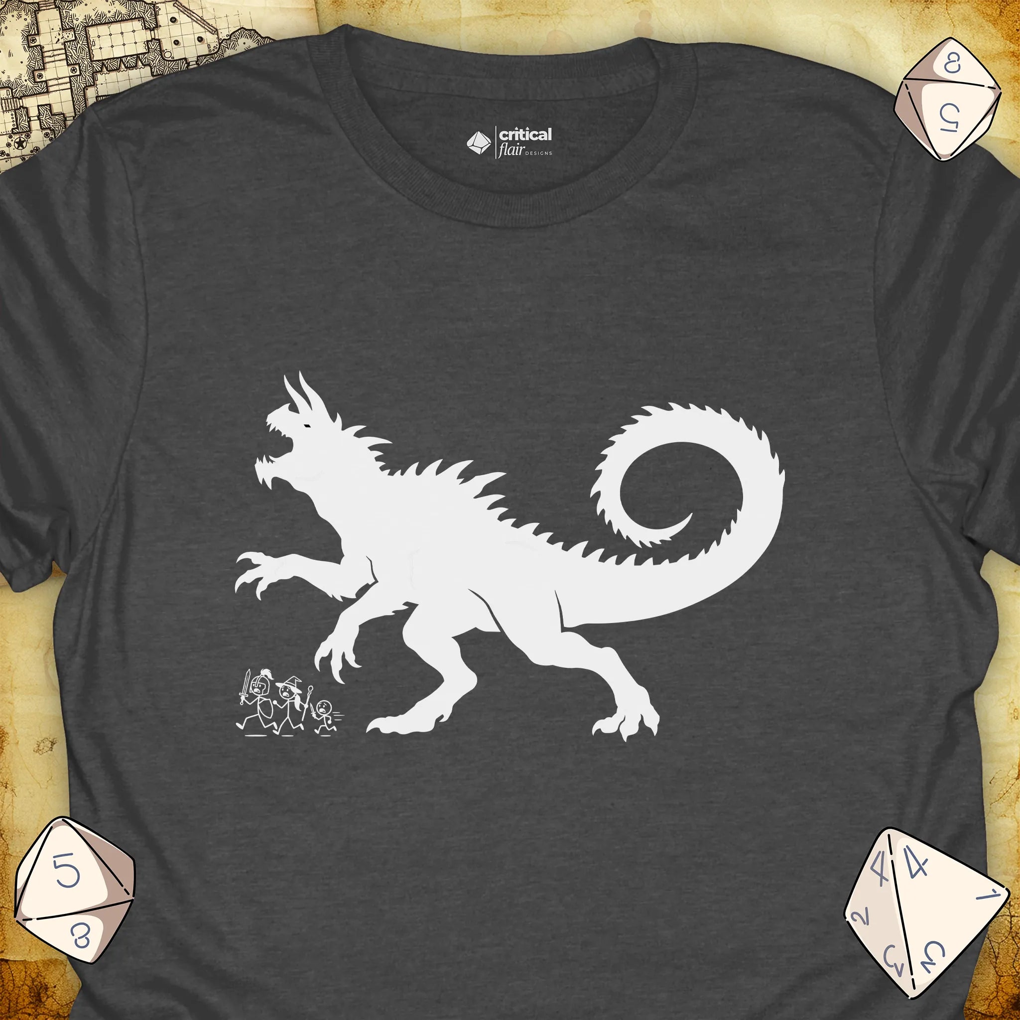 Critical Flair The Party vs Tarrasque T-Shirt Dark Heather / S - Dungeons and Dragons and tabletop RPG gaming apparel