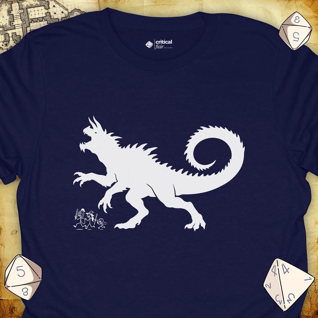 Critical Flair The Party vs Tarrasque T-Shirt Navy / S - Dungeons and Dragons and tabletop RPG gaming apparel