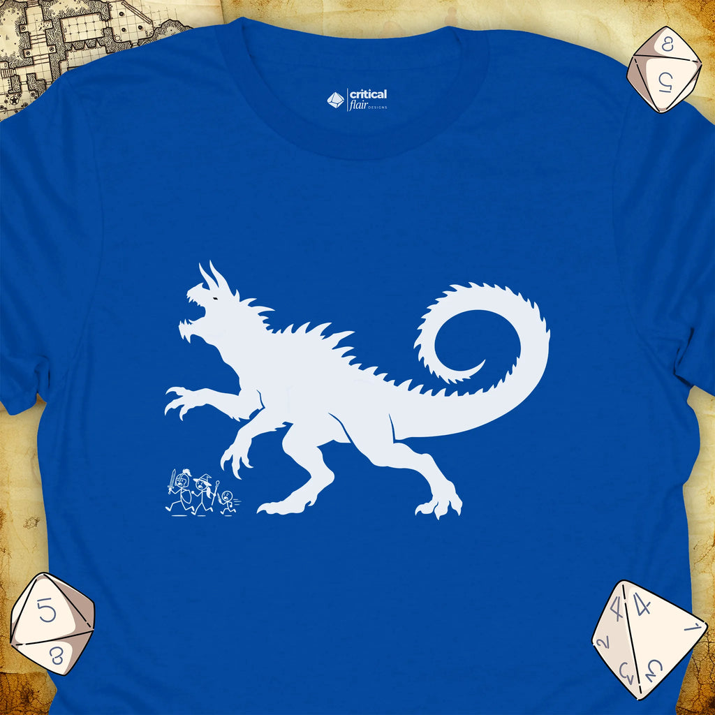 Critical Flair The Party vs Tarrasque T-Shirt Royal / S - Dungeons and Dragons and tabletop RPG gaming apparel