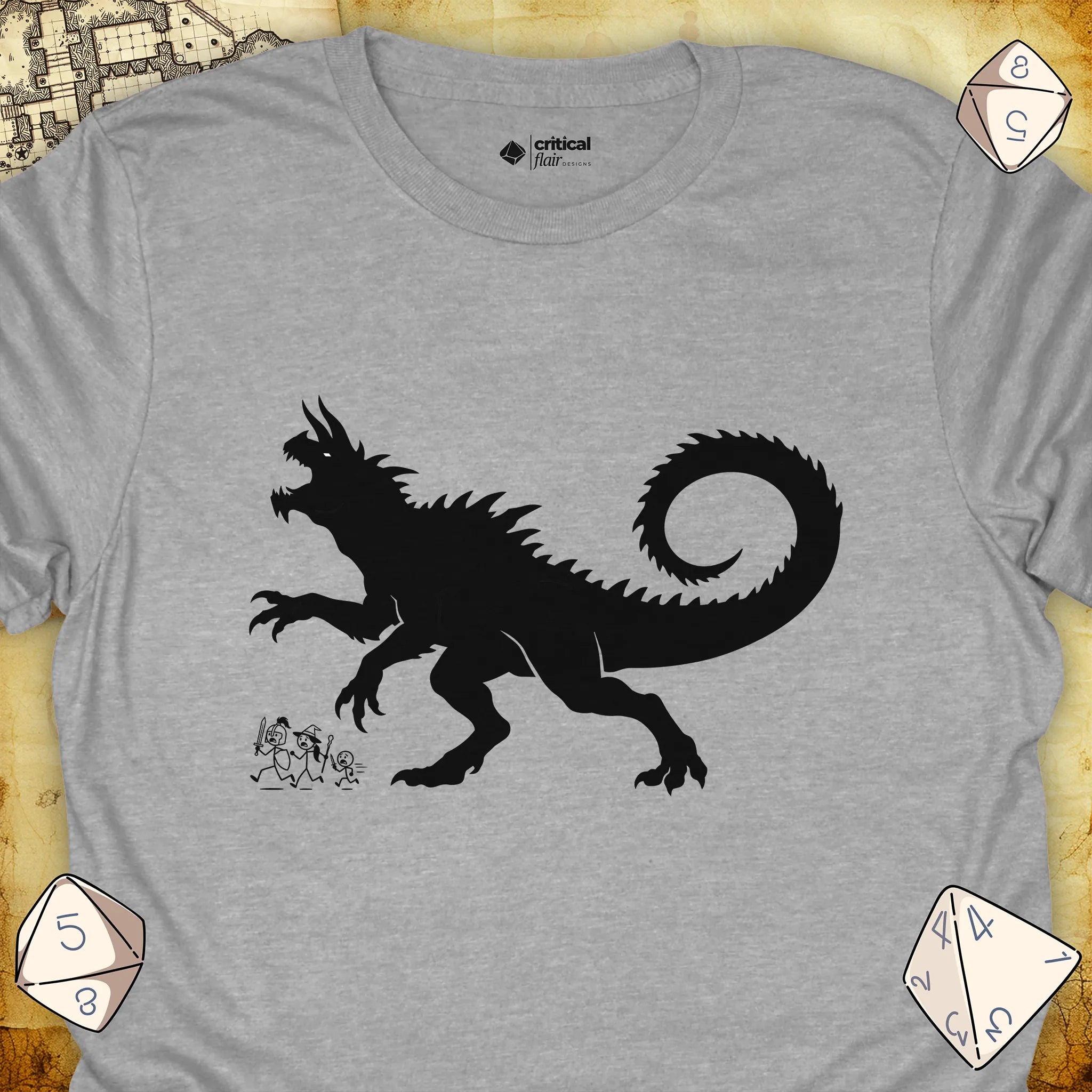 Critical Flair The Party vs Tarrasque T-Shirt Sport Grey / S - Dungeons and Dragons and tabletop RPG gaming apparel