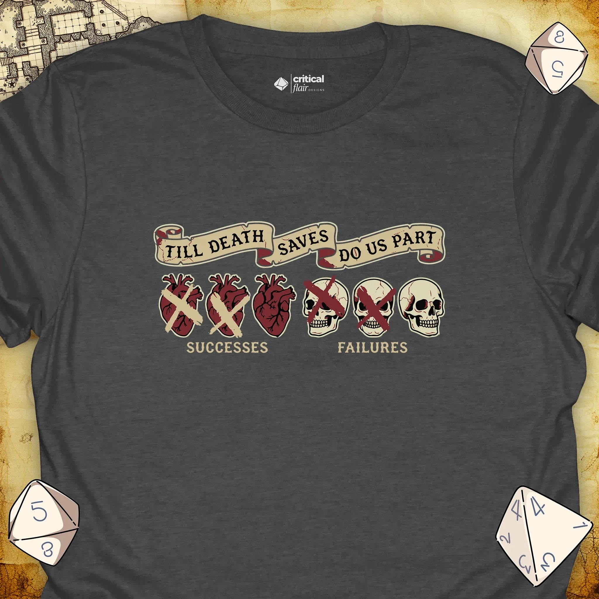 Critical Flair Till Death Saves Do Us Part T-Shirt Dark Heather / S - Dungeons and Dragons and tabletop RPG gaming apparel