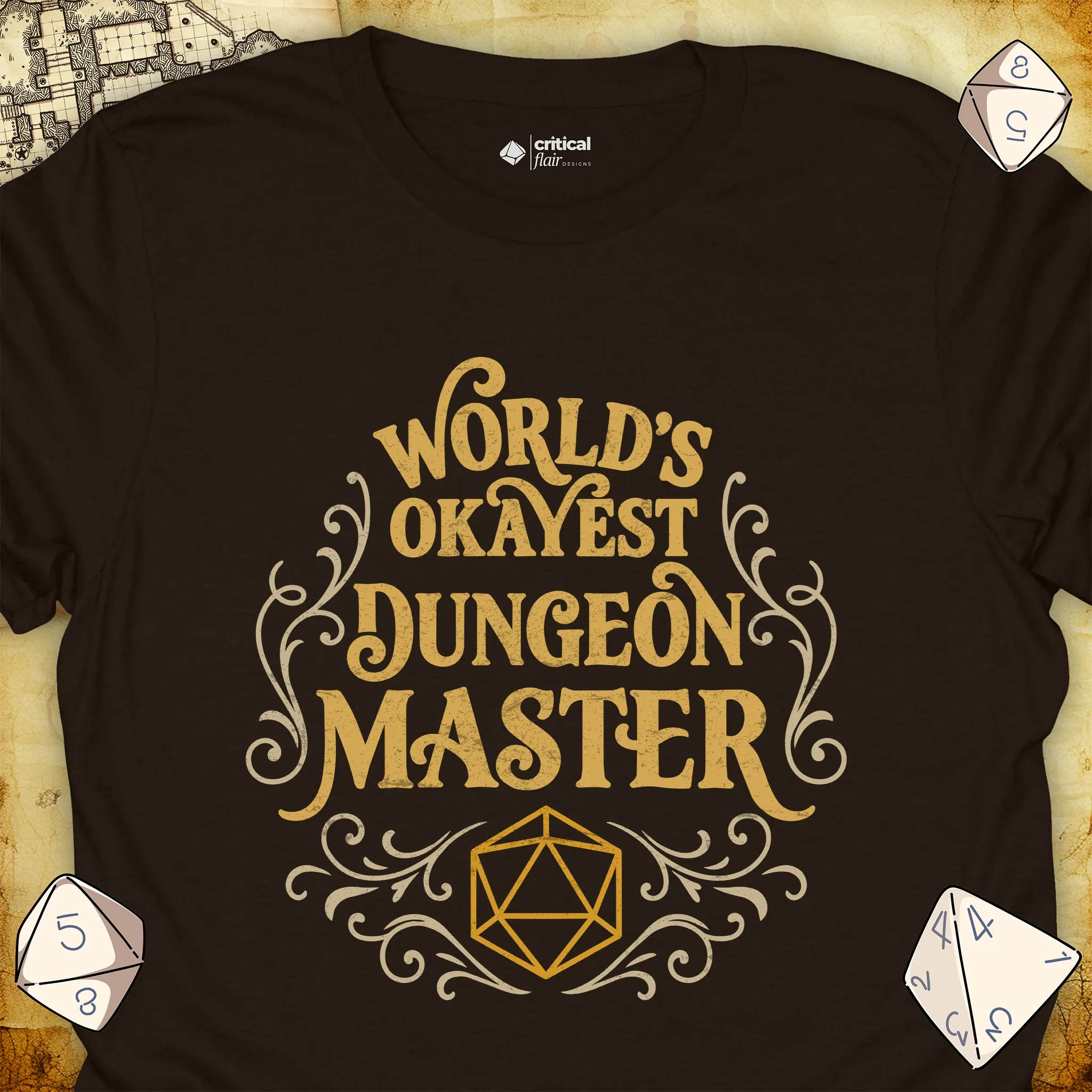 Critical Flair World's Okayest Dungeon Master T-Shirt Dark Chocolate / S - Dungeons and Dragons and tabletop RPG gaming apparel