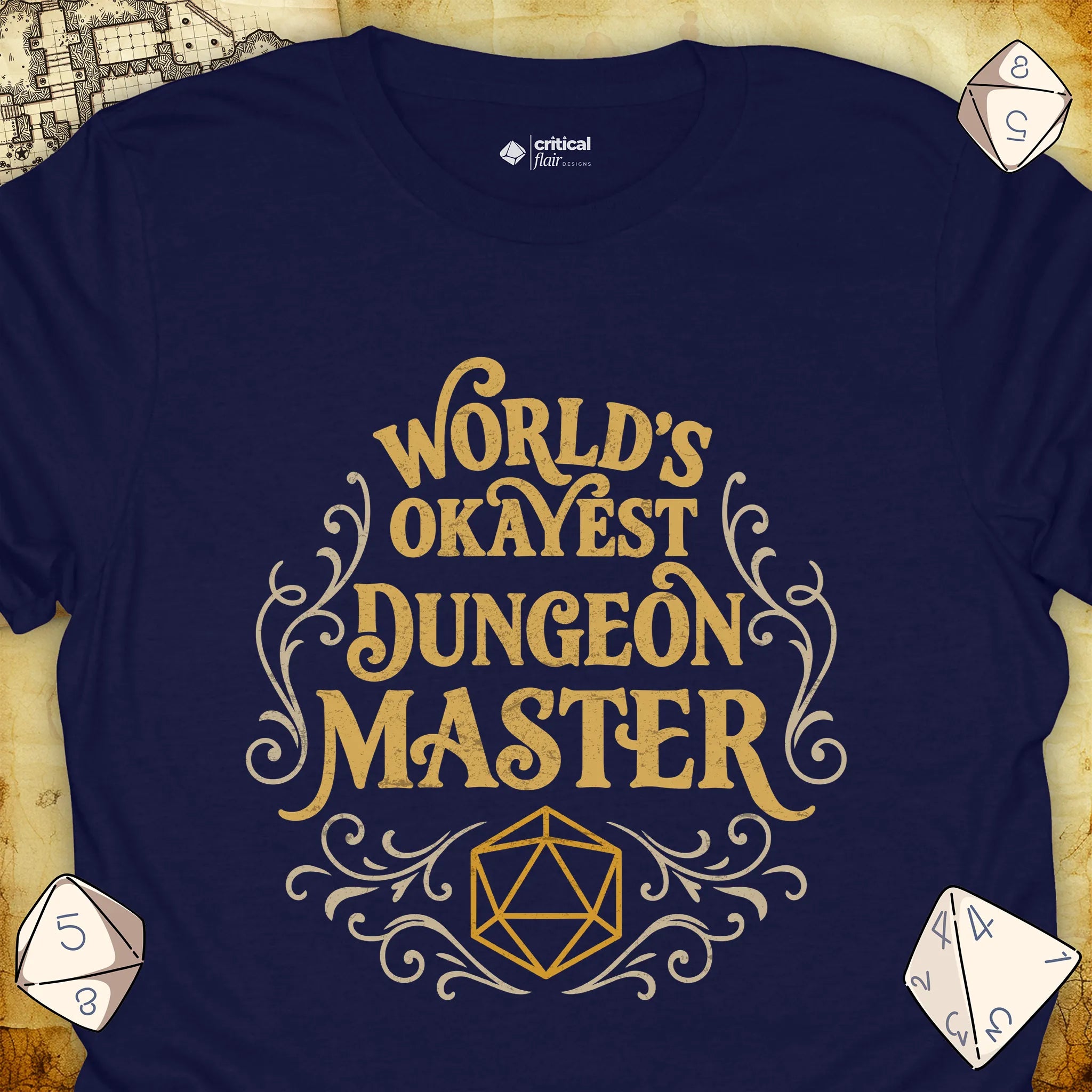 Critical Flair World's Okayest Dungeon Master T-Shirt Navy / S - Dungeons and Dragons and tabletop RPG gaming apparel