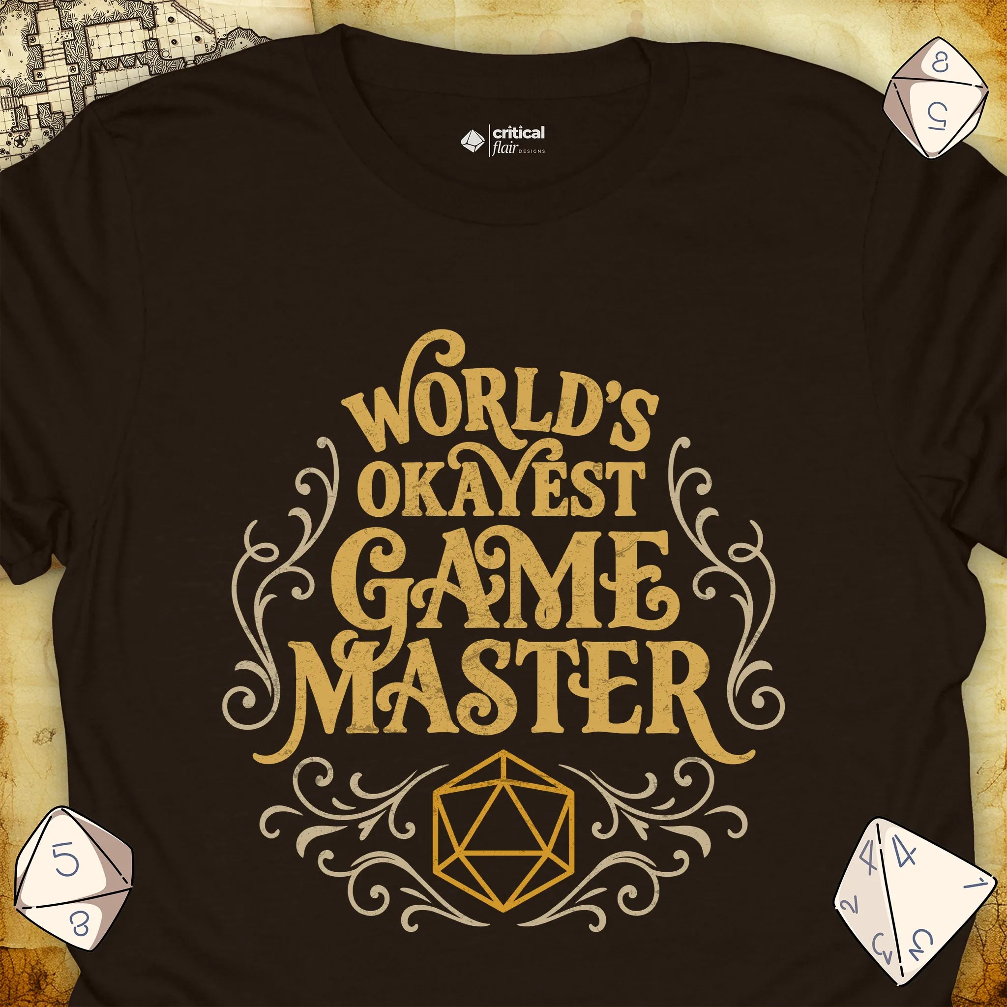 Critical Flair World's Okayest Game Master T-Shirt Dark Chocolate / S - Dungeons and Dragons and tabletop RPG gaming apparel